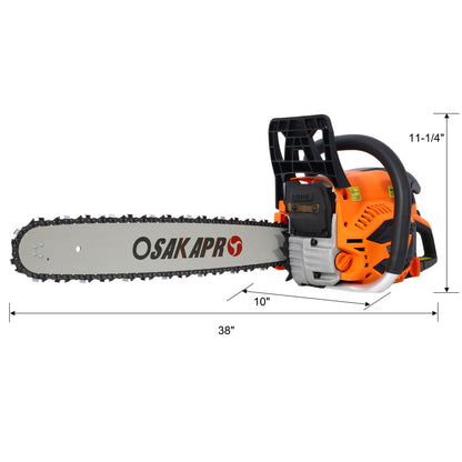 62cc gas-powered chainsaw with 22in bar, orange body and black guard, OSAKAPRO branding on bar on Tampa Home & Garden Store
