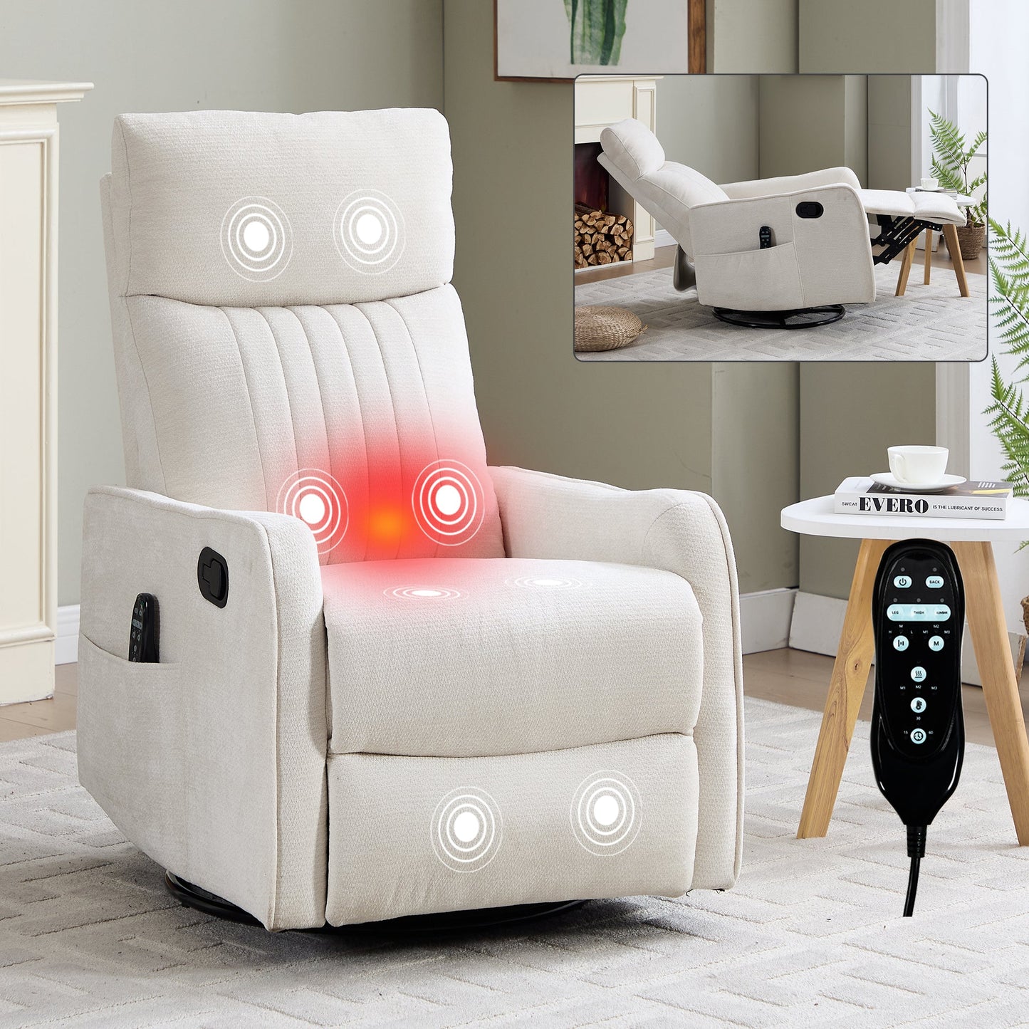 Beige heat massage manual recliner chair with rocker and swivel by HouseOfZazla on Tampa Home & Garden Store