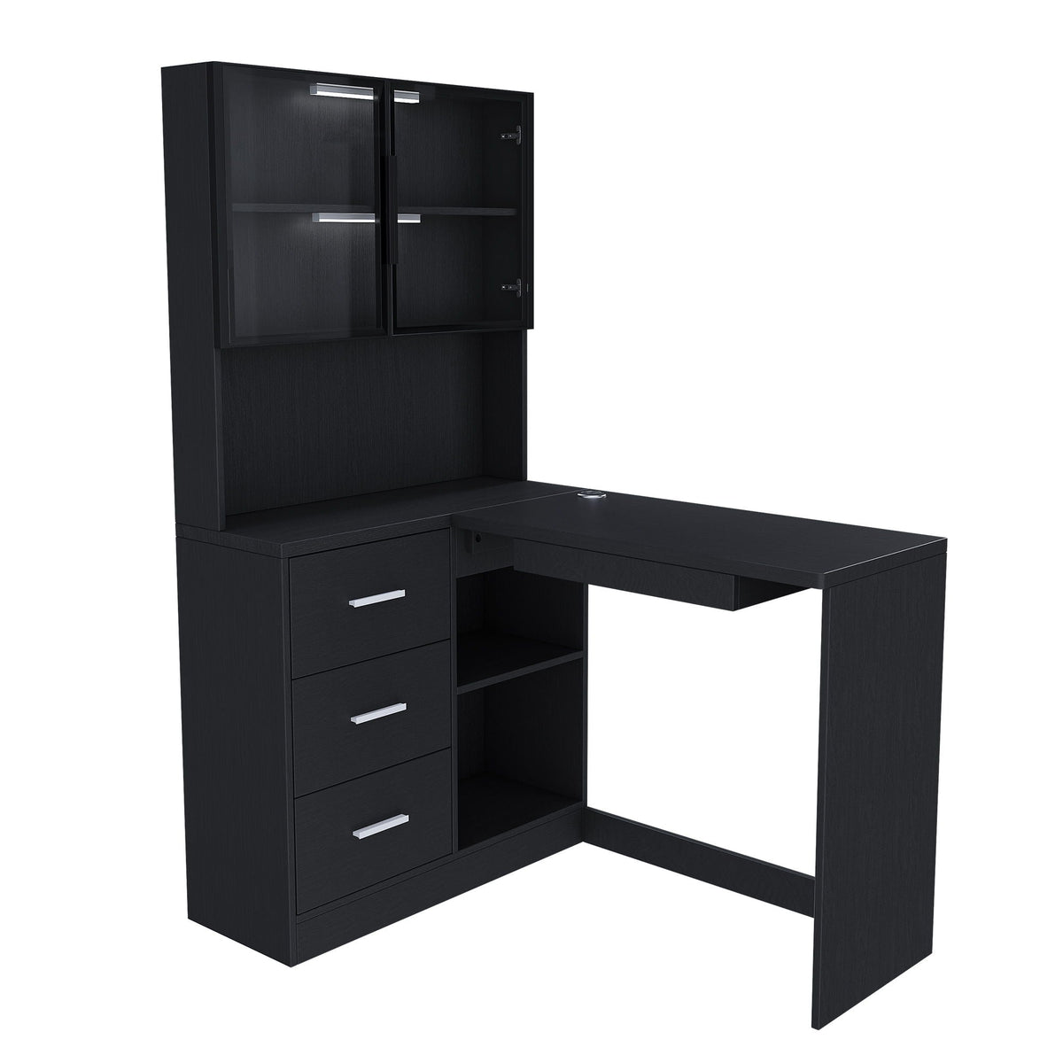 L-shaped corner desk by HouseOfZazla in black with glass cabinet doors and USB ports on Tampa Home & Garden Store