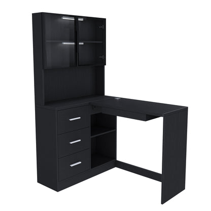 L-shaped corner desk by HouseOfZazla in black with glass cabinet doors and USB ports on Tampa Home & Garden Store