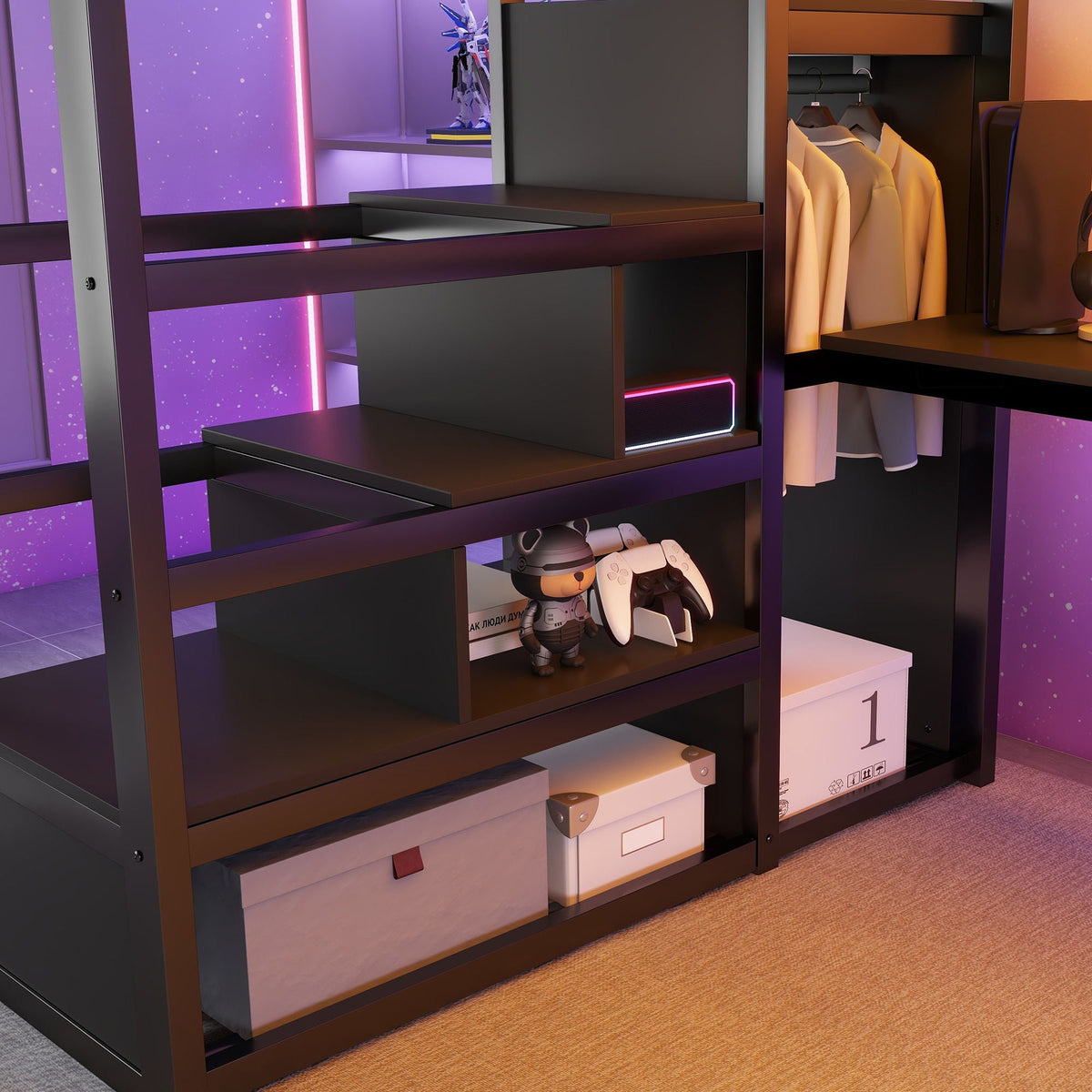 Loft bed with desk, charging station and stairs in black metal, LED lighting HouseOfZazla on Tampa Home & Garden Store