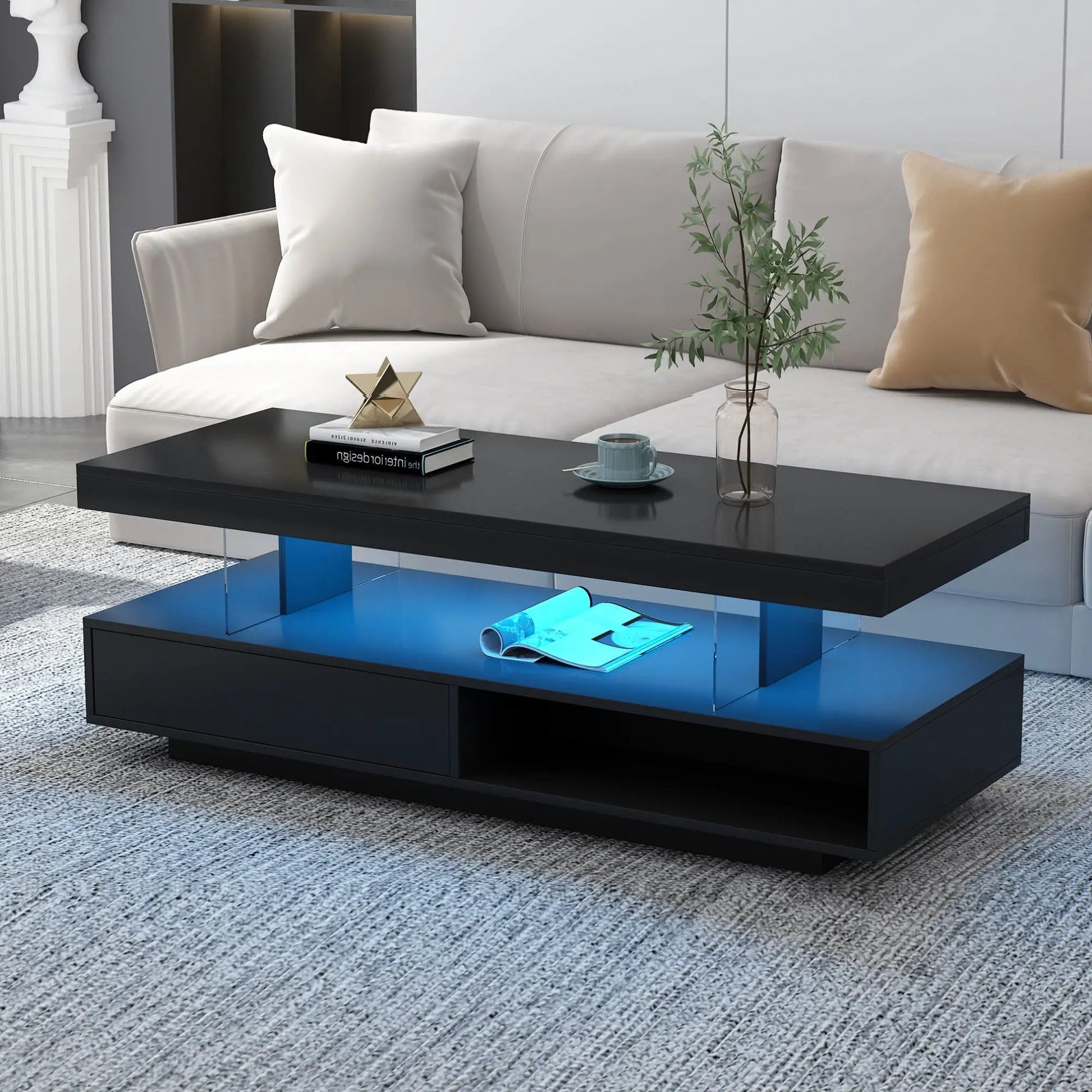 LED Coffee Table With 2 Drawers And Display Shelves black glossy finish blue LED lighting on Tampa Home & Garden Store