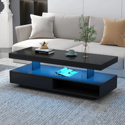 LED Coffee Table With 2 Drawers And Display Shelves black glossy finish blue LED lighting on Tampa Home & Garden Store