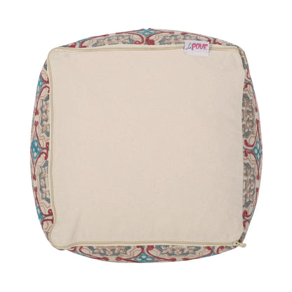 Amelia Handcrafted Fabric Pouf multicolor tapestry sides, beige front, Le Pouf tag visible on Tampa Home & Garden Store