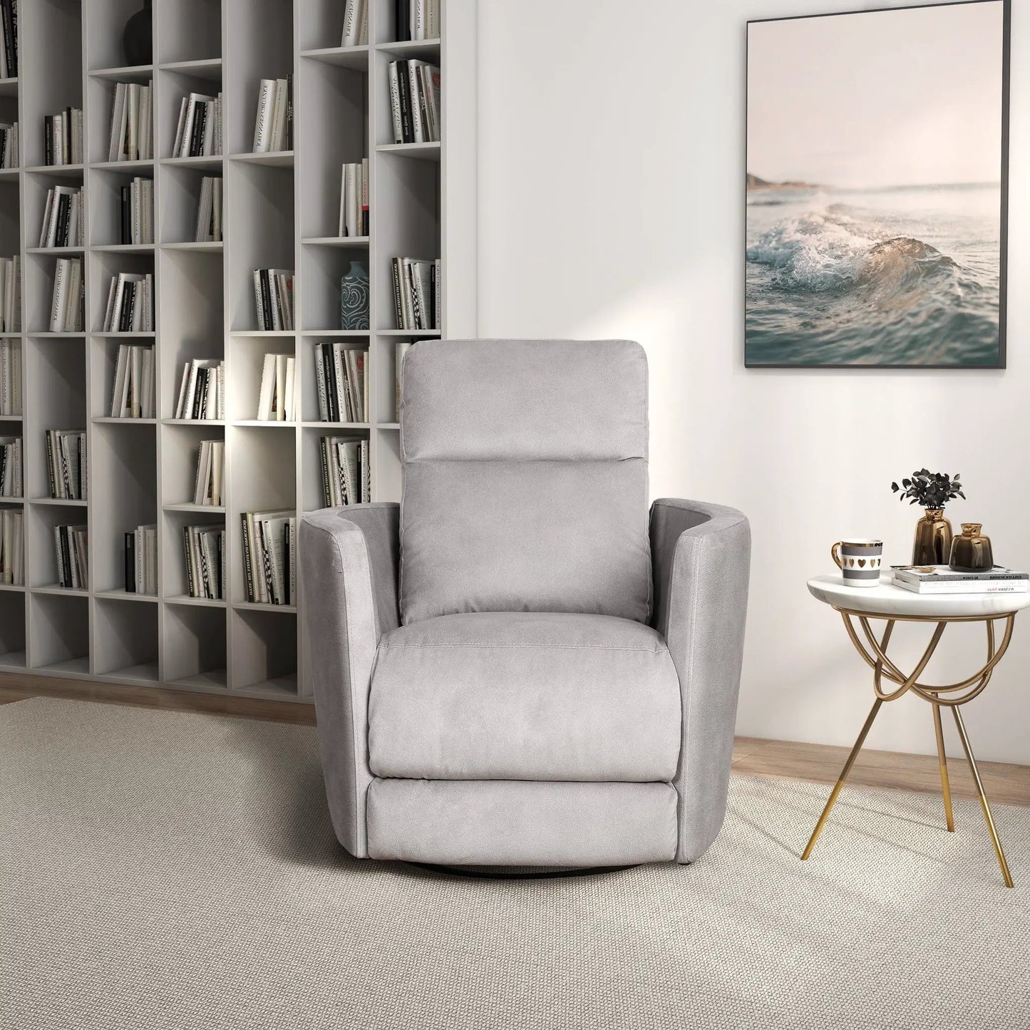 Lawson Swivel Glider Suede Recliner Chair latte upholstery in a cozy living room with a bookcase on Tampa Home & Garden Store
