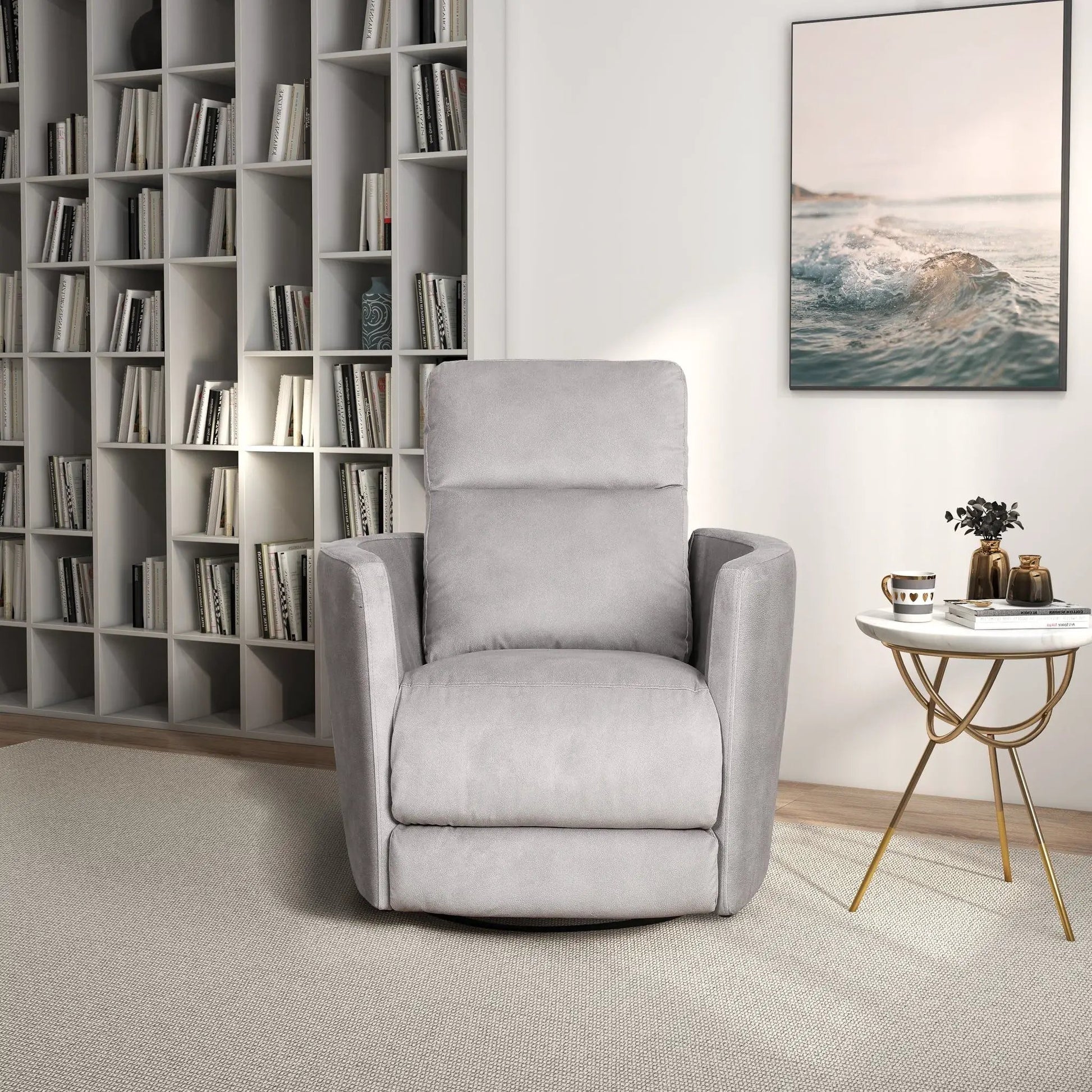 Lawson Swivel Glider Suede Recliner Chair latte upholstery in a cozy living room with a bookcase on Tampa Home & Garden Store