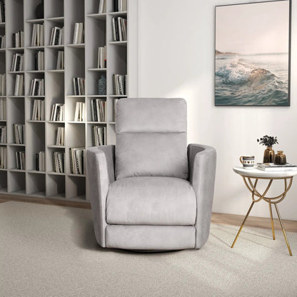 Lawson Swivel Glider Suede Recliner Chair latte upholstery in a cozy living room with a bookcase on Tampa Home & Garden Store