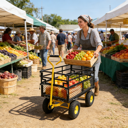 Wagon cart with black frame and yellow wheels carrying fresh apples at a market on Tampa Home & Garden Store