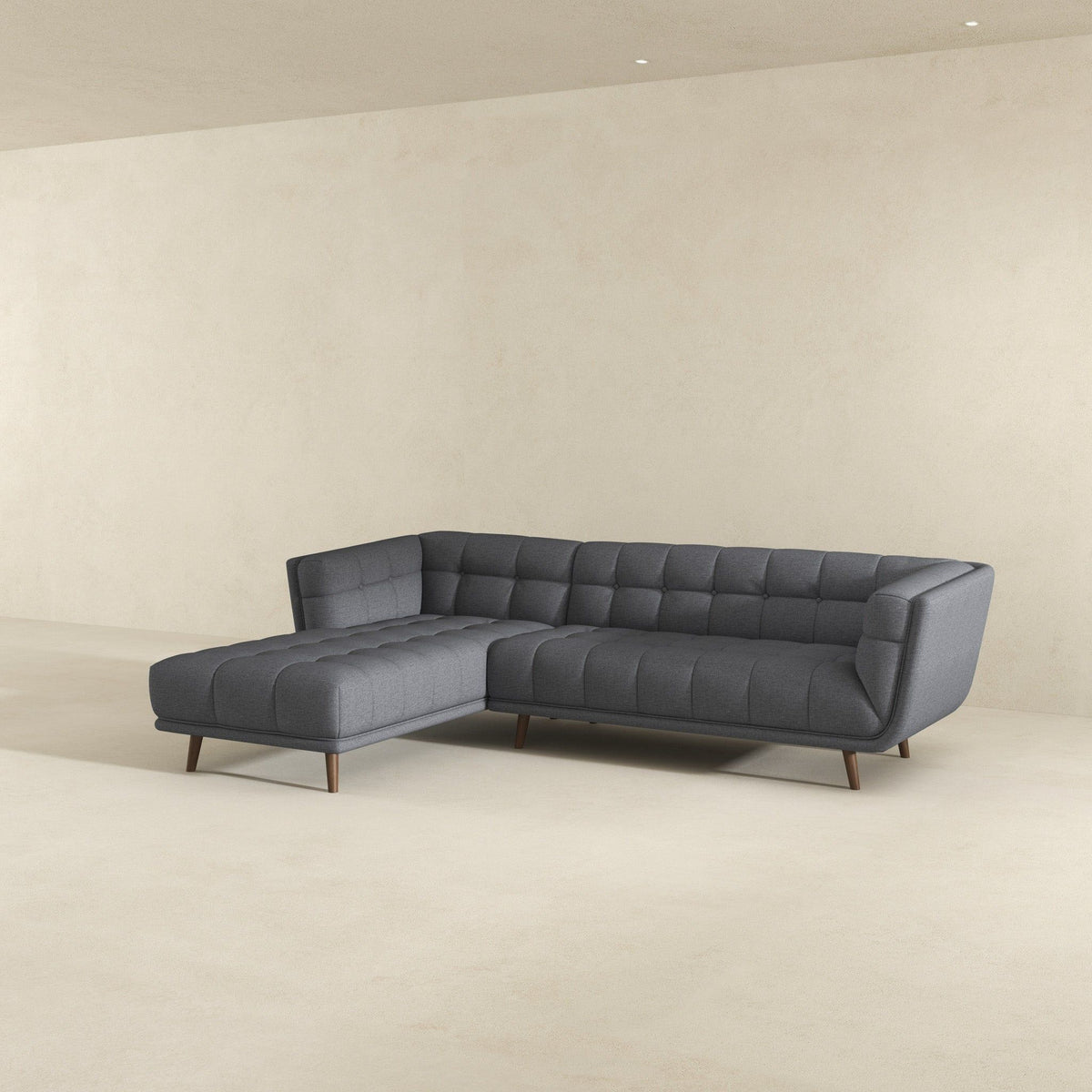 L-shaped sectional sofa HouseOfZazla in dark gray tufted fabric with mid-century legs on Tampa Home & Garden Store