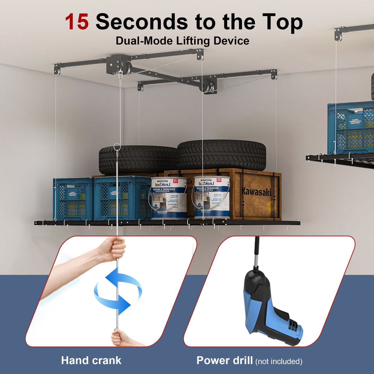 Overhead garage storage rack with crank lift system, black metal ceiling mount with pulleys on Tampa Home & Garden Store
