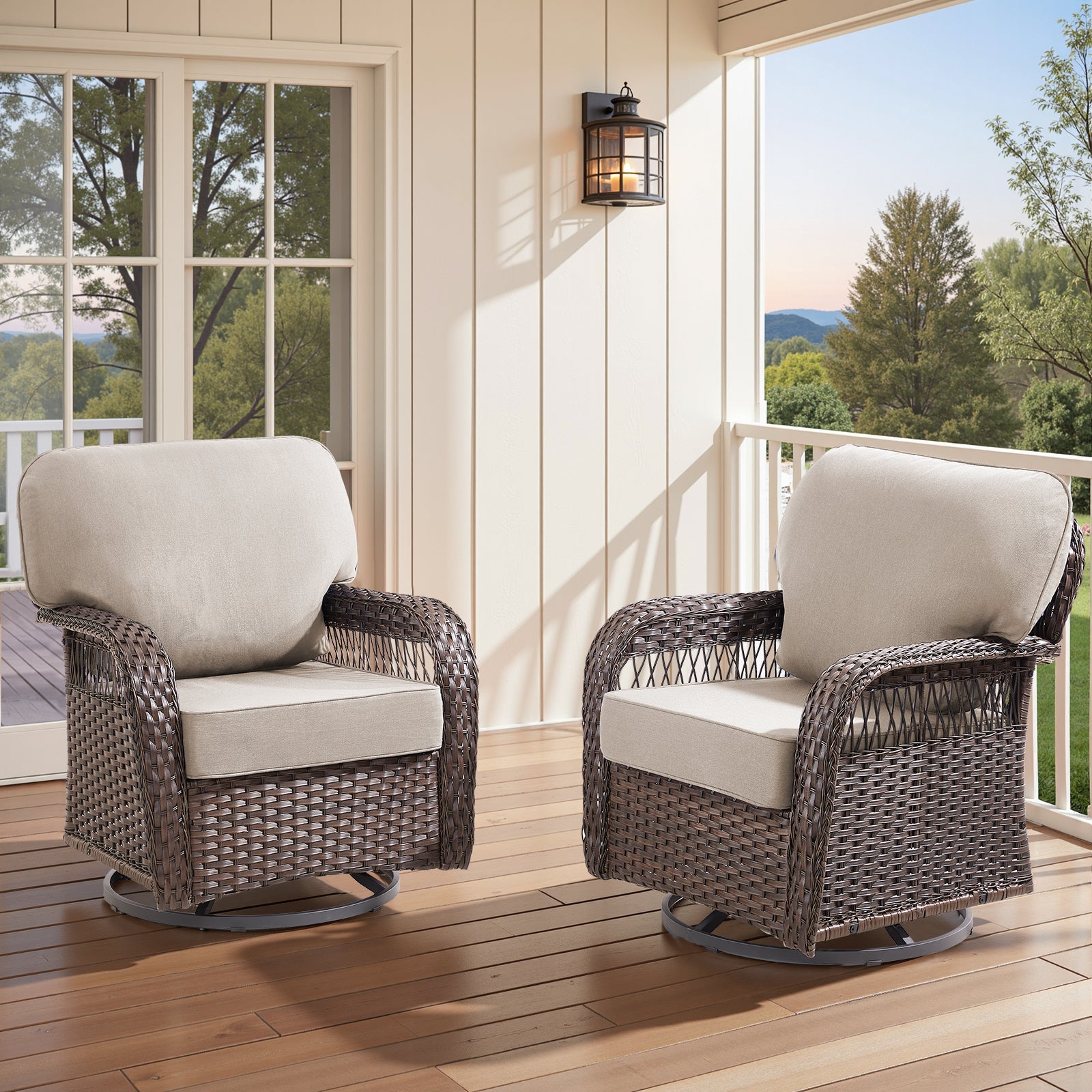 Outdoor Glider Chairs set of 2 in brown wicker with beige cushions patio seating HouseOfZazla on Tampa Home & Garden Store