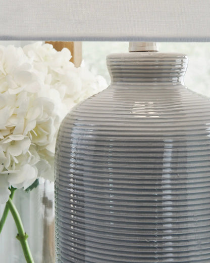 Wimlow ceramic table lamp gray-blue ribbed base with white hydrangea bouquet on Tampa Home & Garden Store