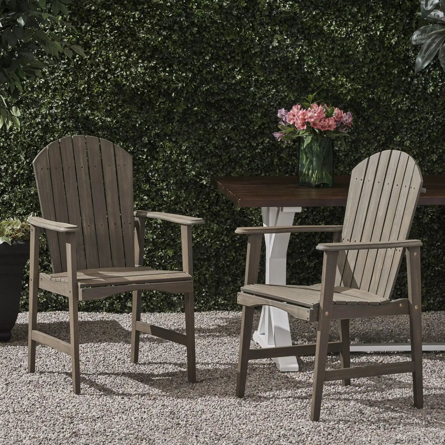 Outdoor weather resistant acacia wood Adirondack dining chairs set of 2 in weathered gray finish on Tampa Home & Garden Store