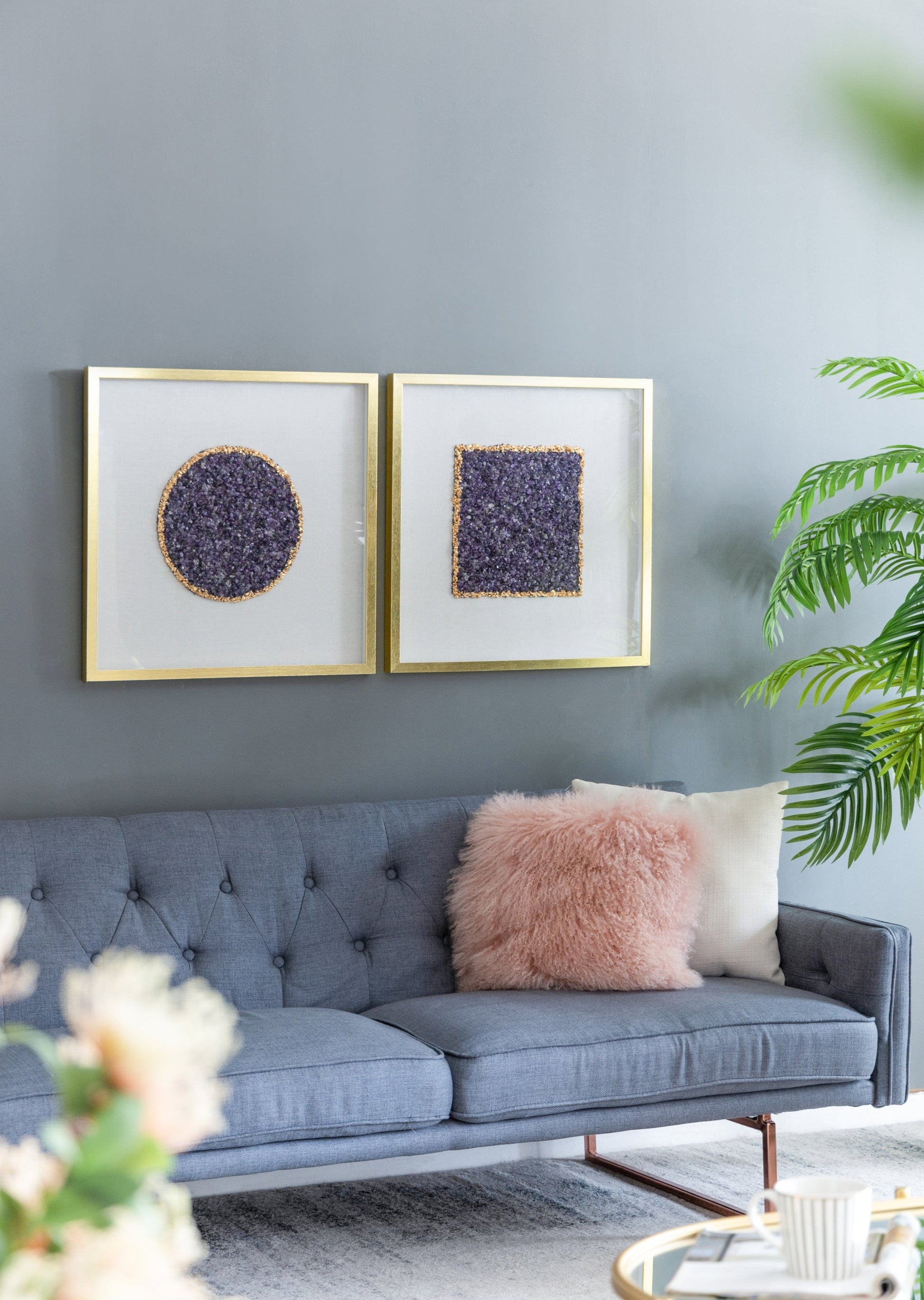 The Lillian Améthyste Shadow Box Duo wall art: two gold frames with purple amethyst crystals on Tampa Home & Garden Store