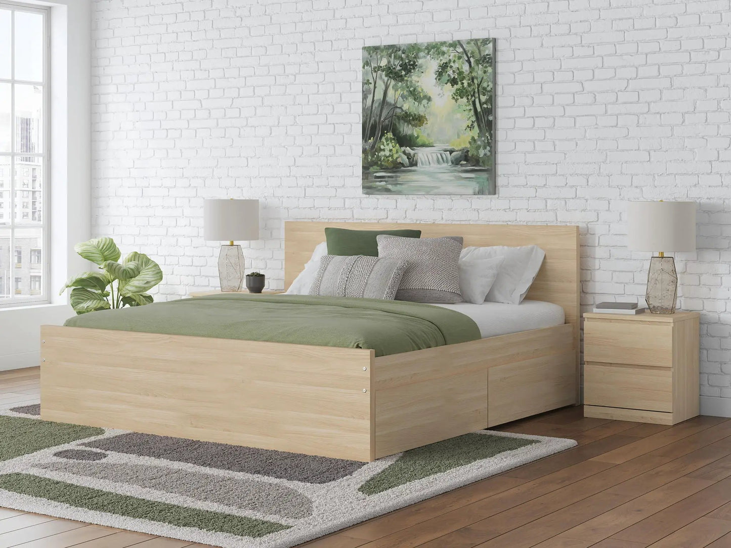 Onita panel platform bed in natural oak with storage, flanked by nightstands on Tampa Home & Garden Store