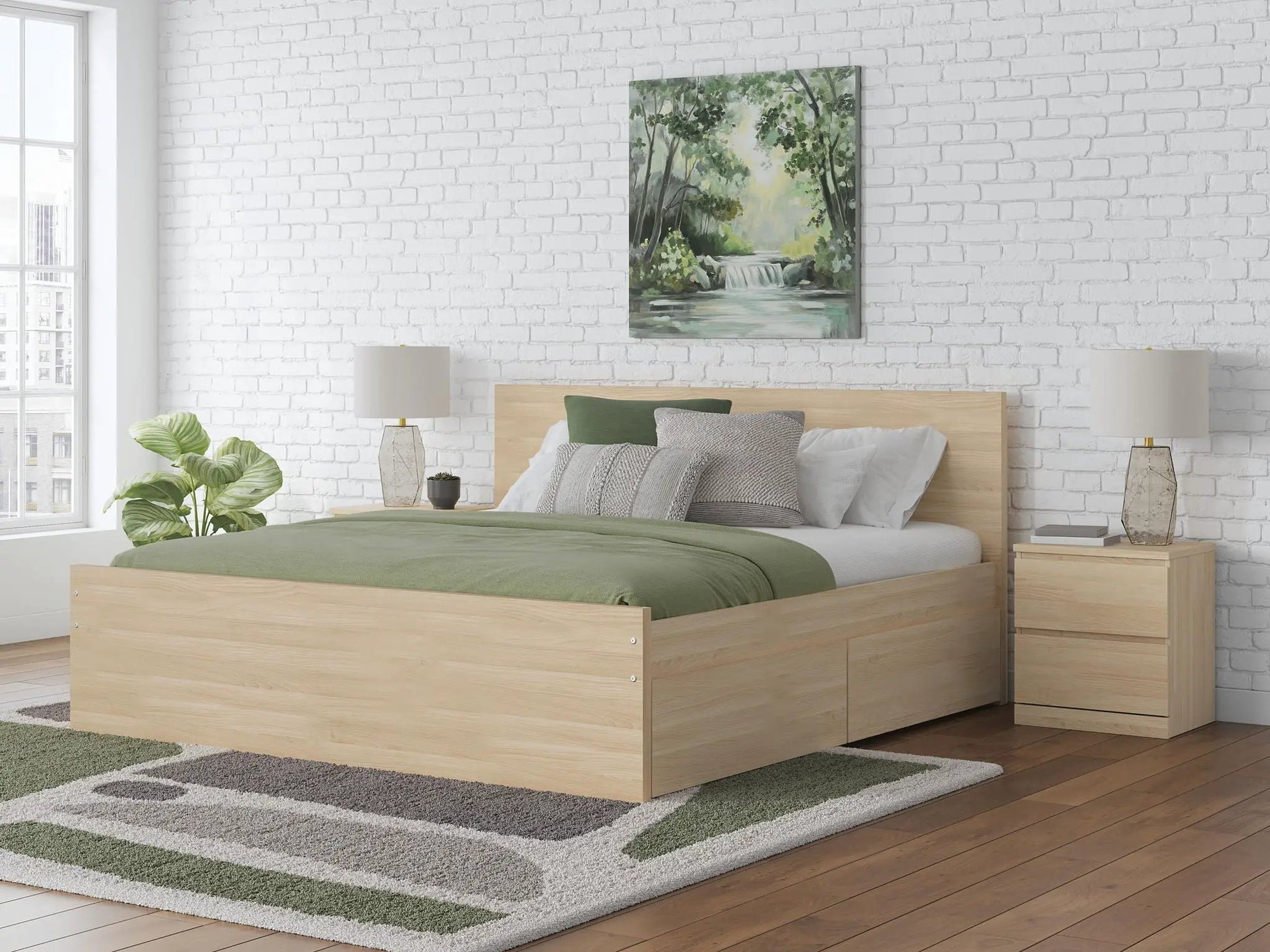 Onita panel platform bed in natural oak with storage, flanked by nightstands on Tampa Home & Garden Store
