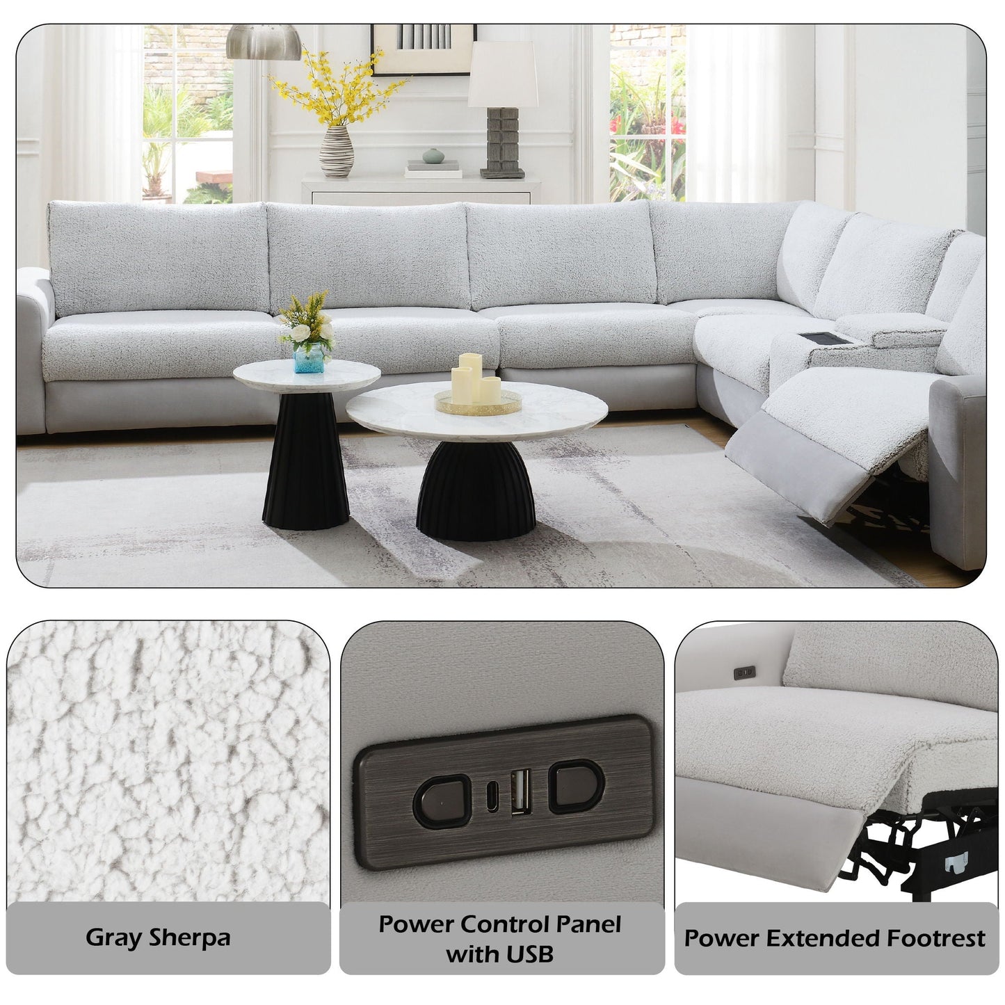 Tarrance modular power recliner sectional gray upholstery by HouseOfZazla, chaise longue on Tampa Home & Garden Store