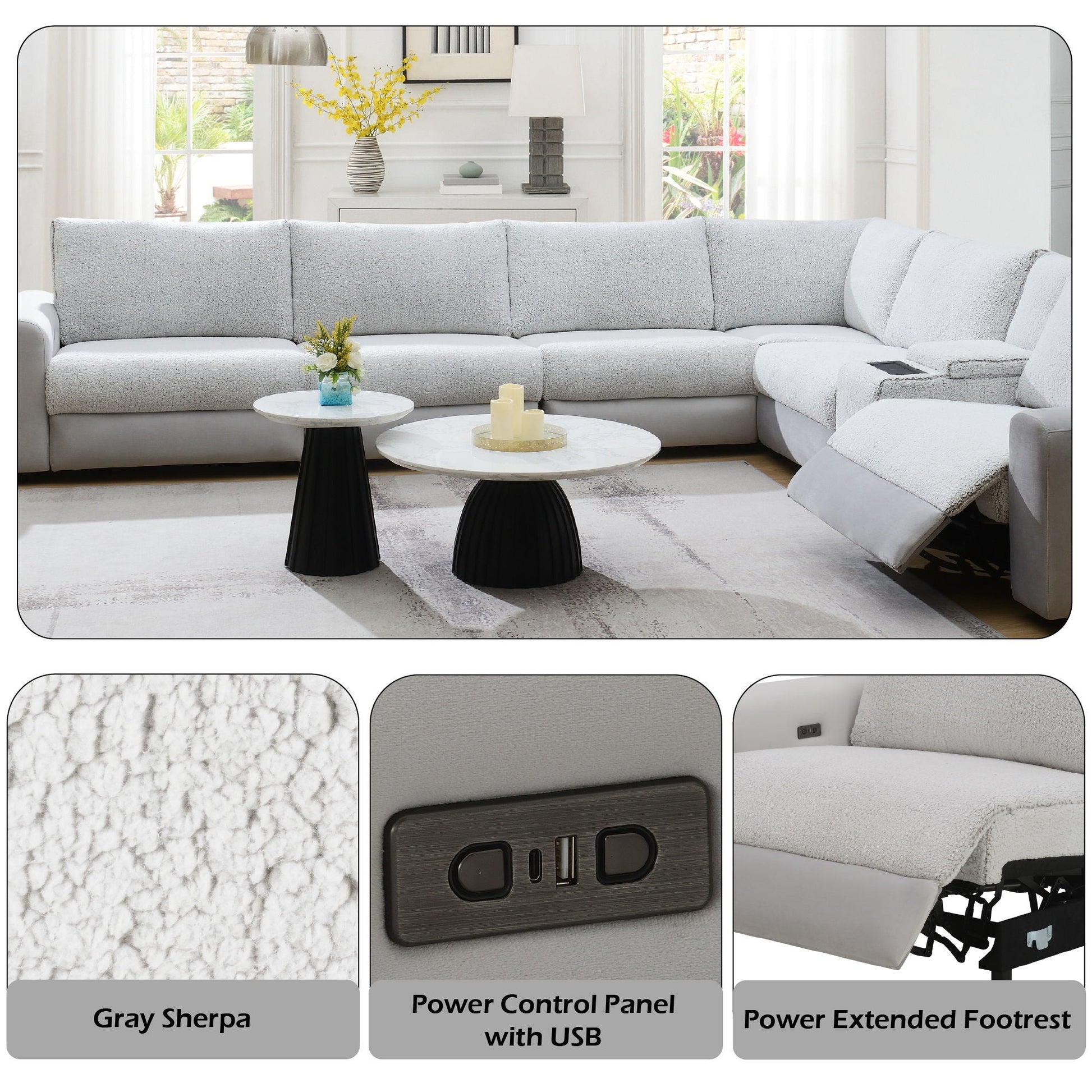 Tarrance modular power recliner sectional gray upholstery by HouseOfZazla, chaise longue on Tampa Home & Garden Store