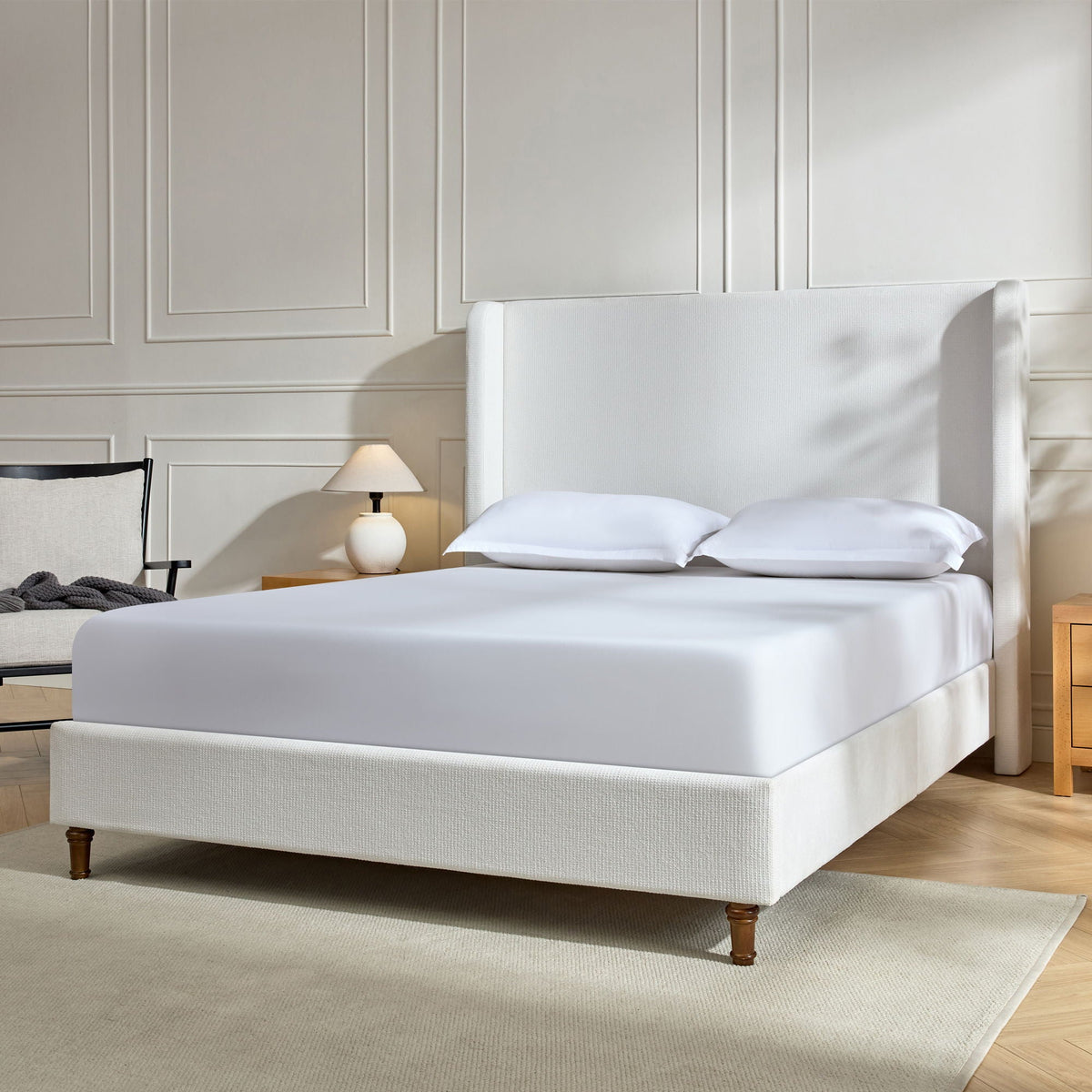 Harper tall headboard upholstered bed in light gray, no box spring, by HouseOfZazla on Tampa Home & Garden Store