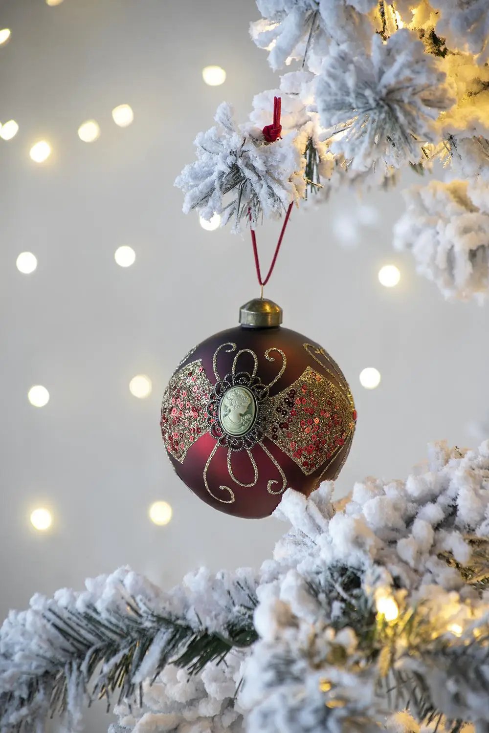 Decorative Hanging Ball Christmas Ornament burgundy with gold glitter and cameo medallion on Tampa Home & Garden Store