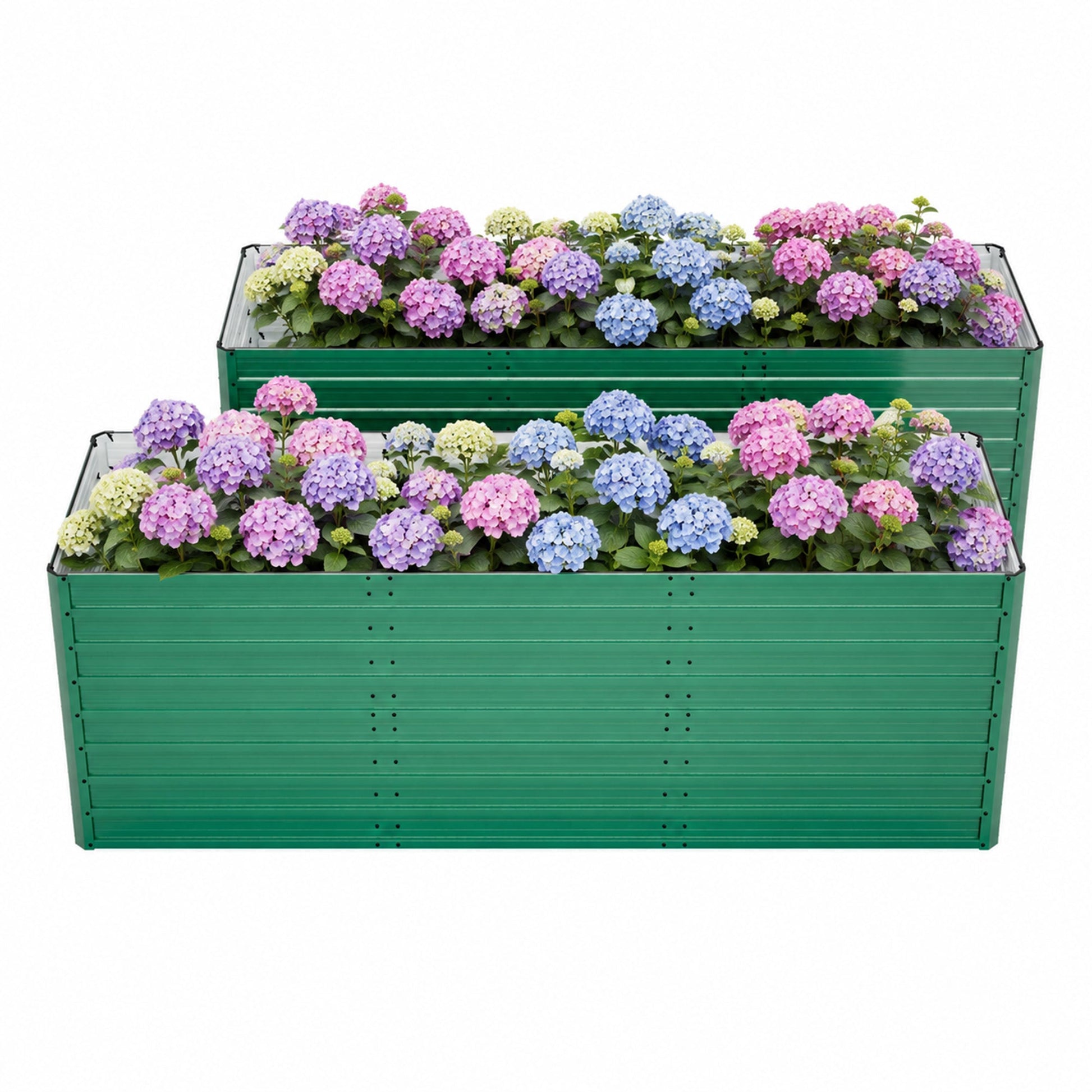 2-pack raised garden bed set, green metal, ergonomic no-bend design, hydrangeas in beds on Tampa Home & Garden Store