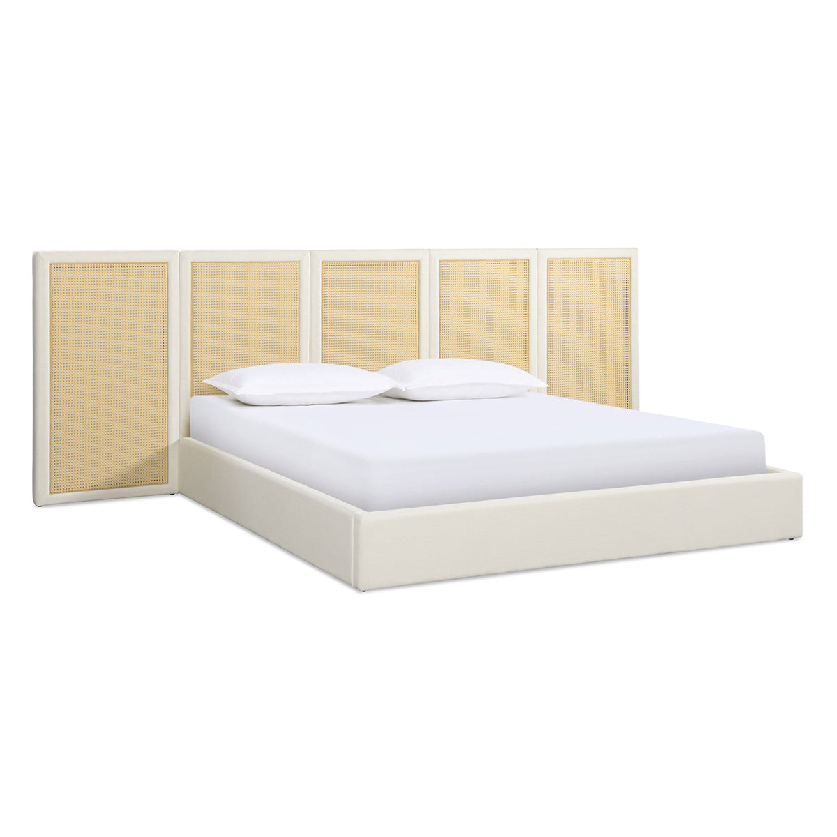 Capri Extended Headboard Cane Platform Bed by HouseOfZazla, antique white frame with five caned panels on Tampa Home & Garden Store