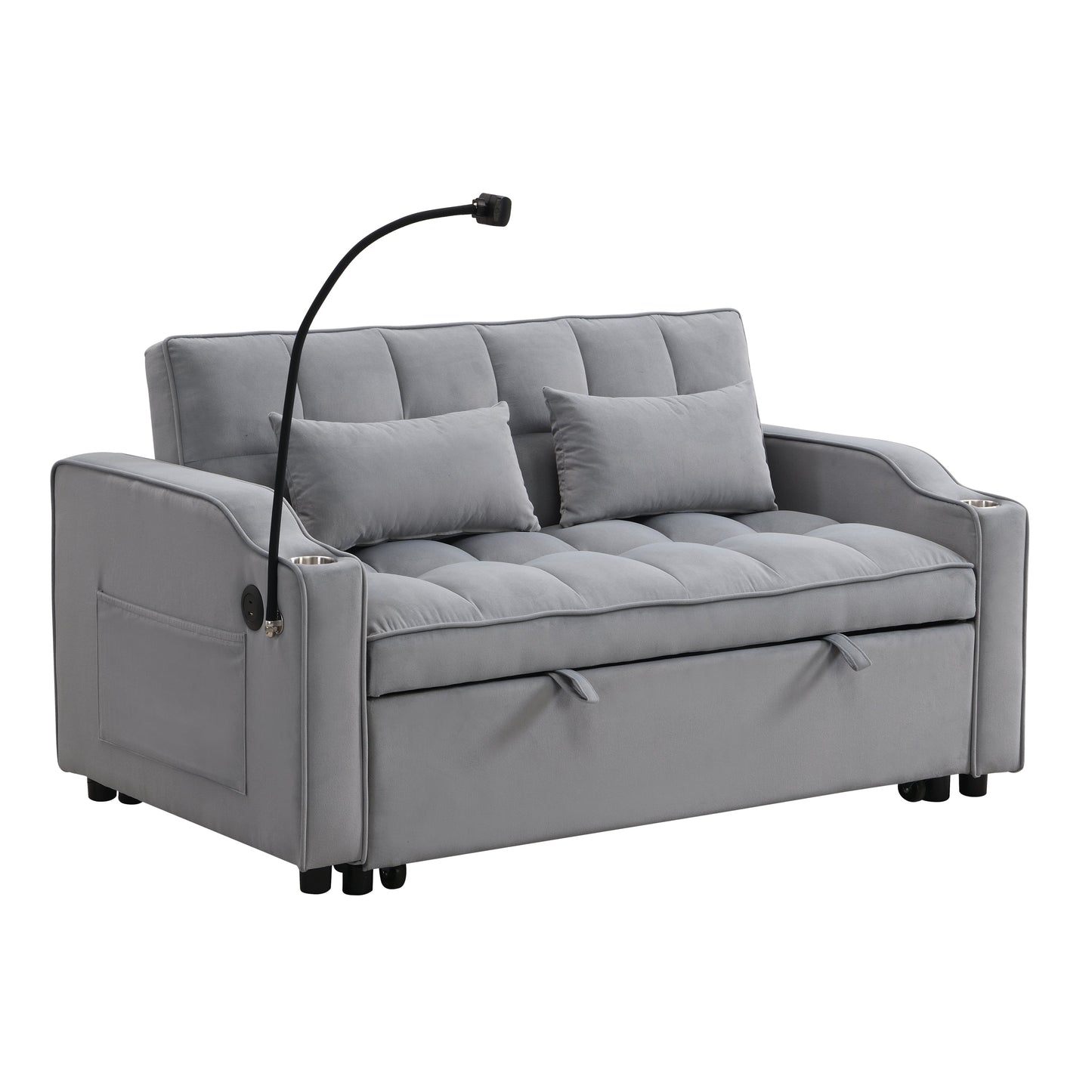 Modern velvet sleeper loveseat futon with pullout bed in gray, built-in cup holders on Tampa Home & Garden Store