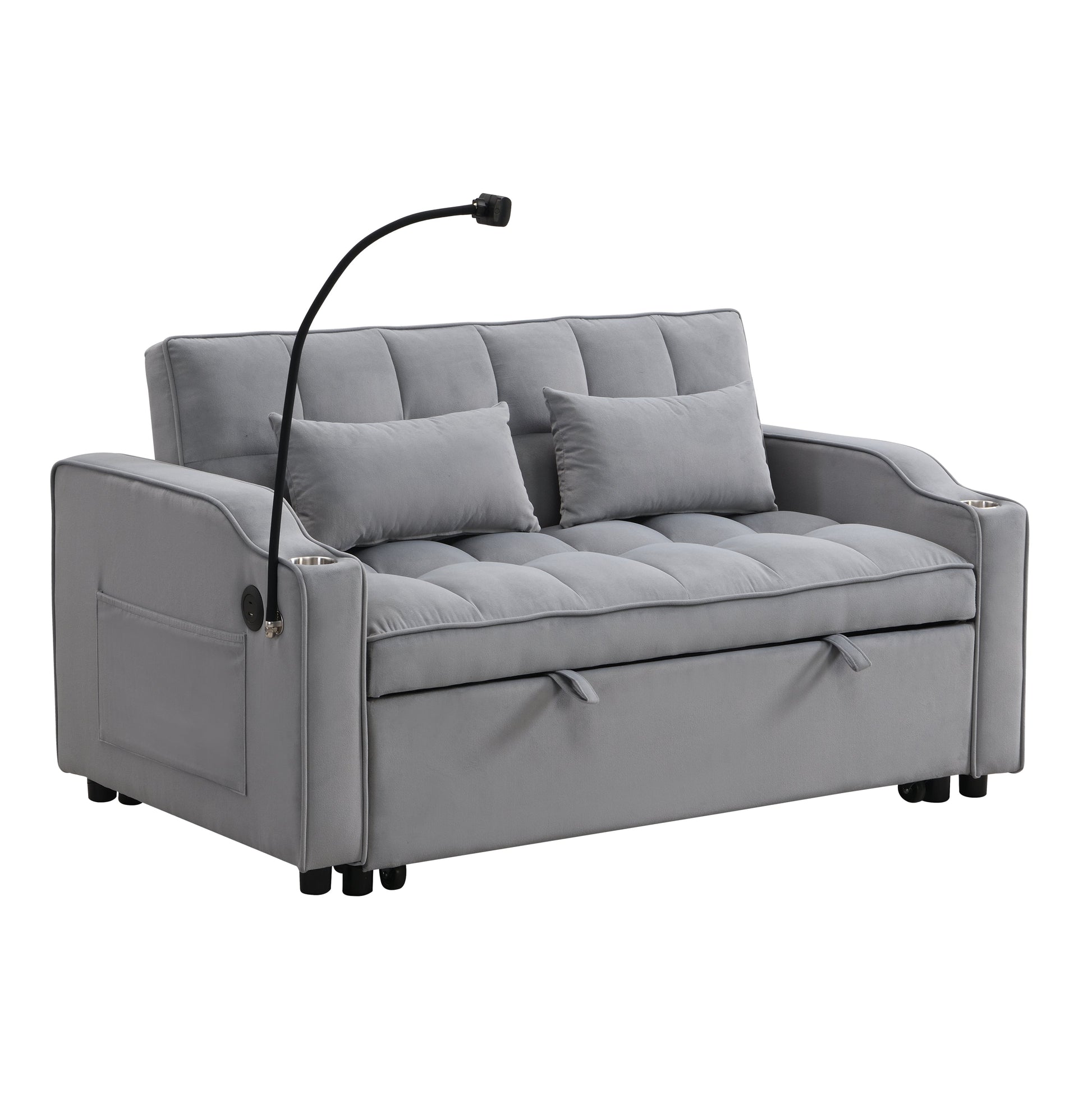Modern velvet sleeper loveseat futon with pullout bed in gray, built-in cup holders on Tampa Home & Garden Store