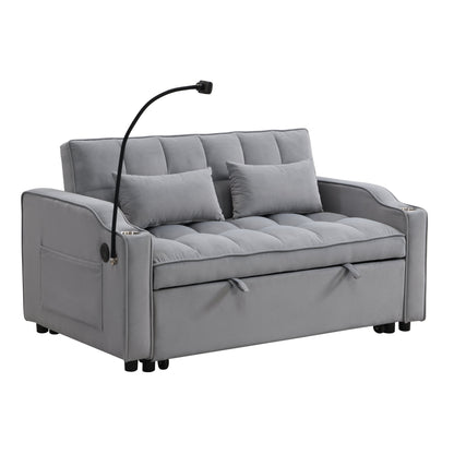 Modern velvet sleeper loveseat futon with pullout bed in gray, built-in cup holders on Tampa Home & Garden Store