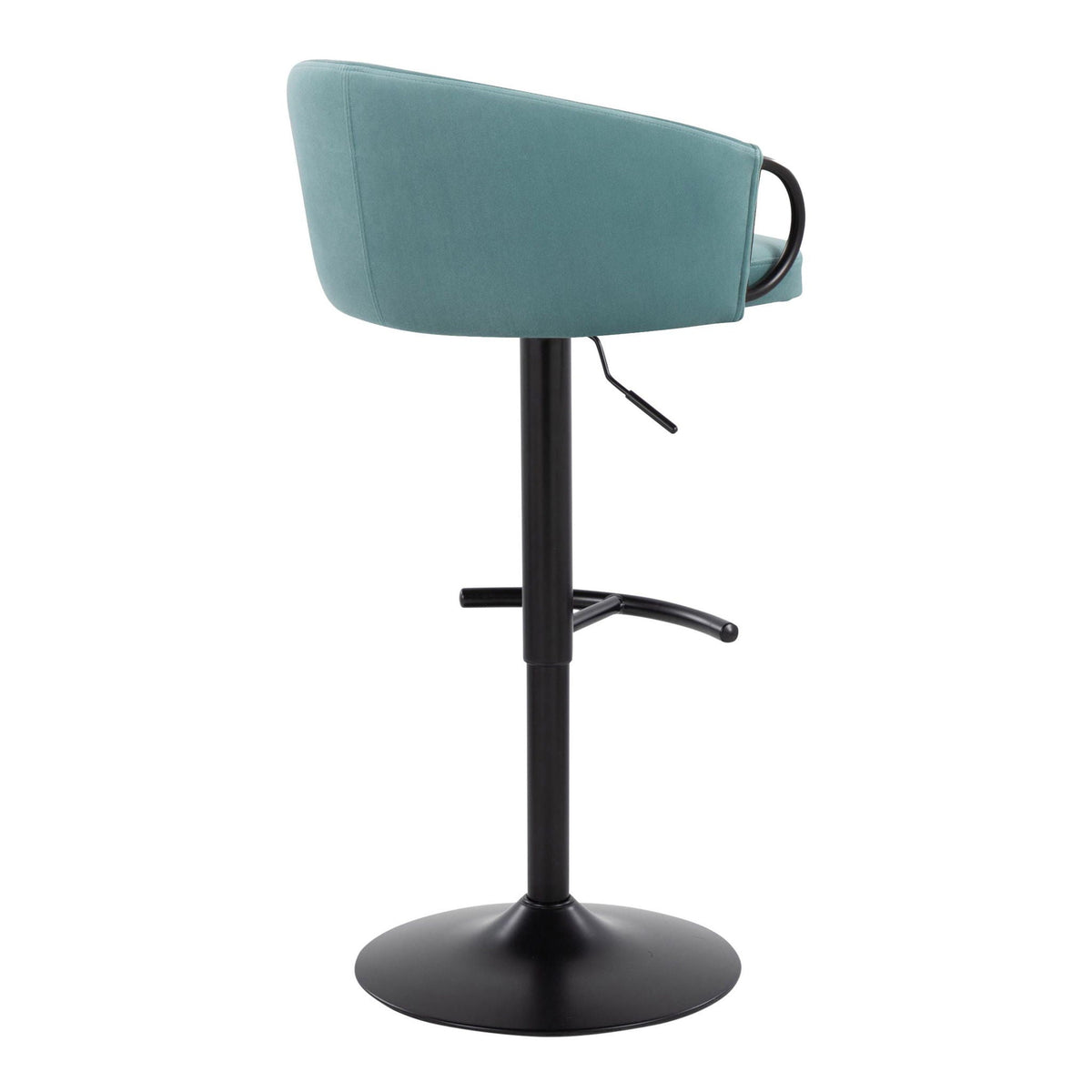 Teal adjustable swivel barstool with rounded T-footrest on black pedestal base on Tampa Home & Garden Store