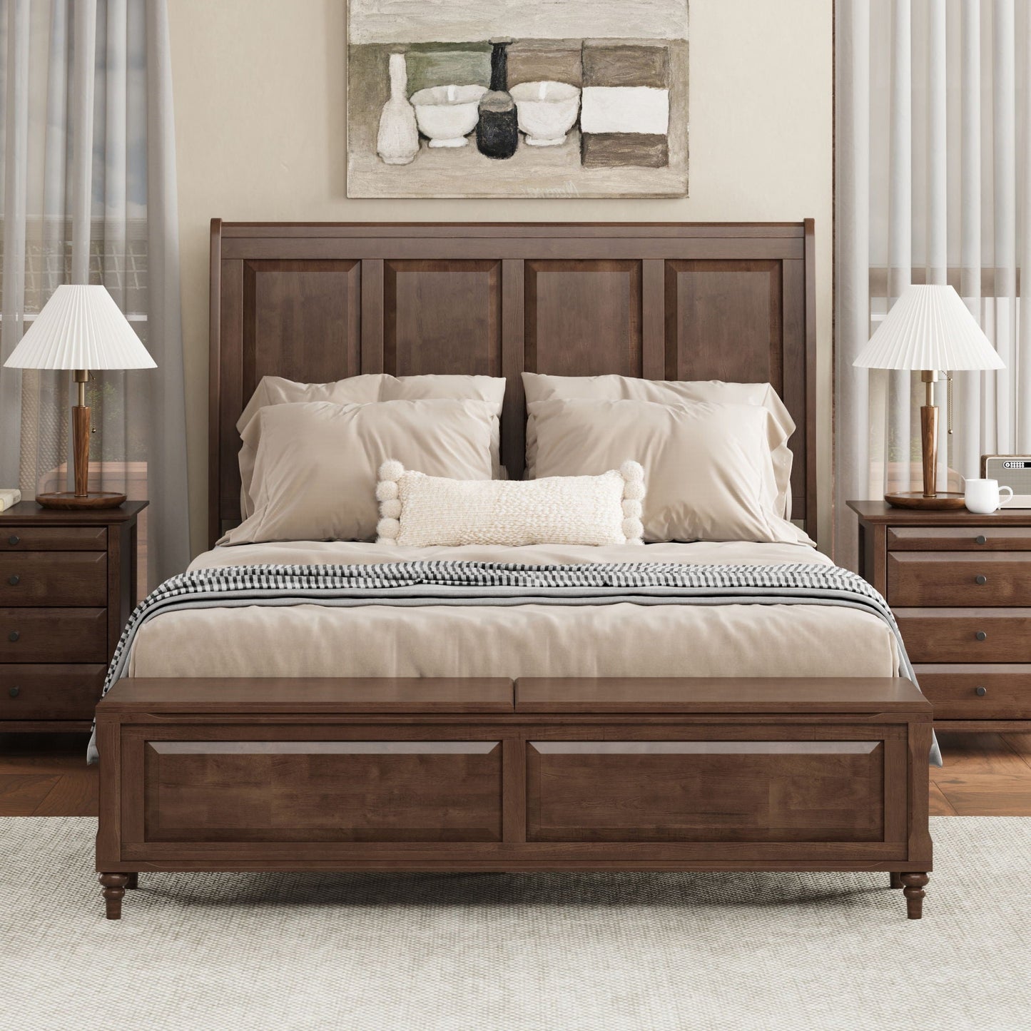 Modern Sleigh Bed with Tall Headboard and Bench