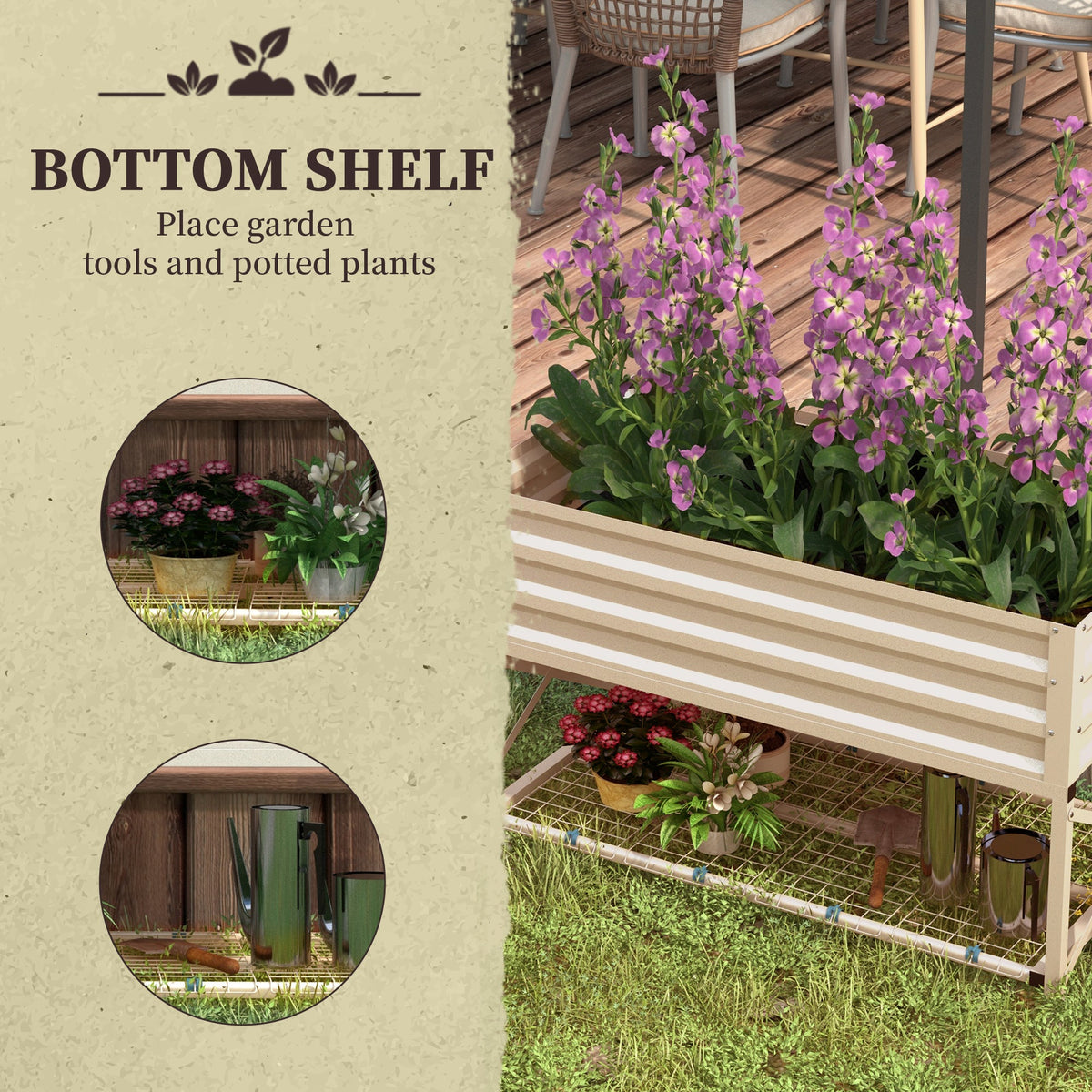 Galvanized steel raised garden bed with bottom shelf in silver, on deck with purple flowers on Tampa Home & Garden Store