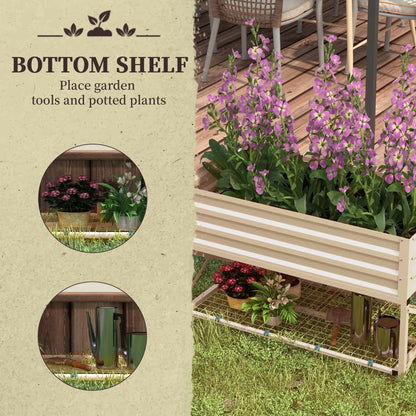 Galvanized steel raised garden bed with bottom shelf in silver, on deck with purple flowers on Tampa Home & Garden Store