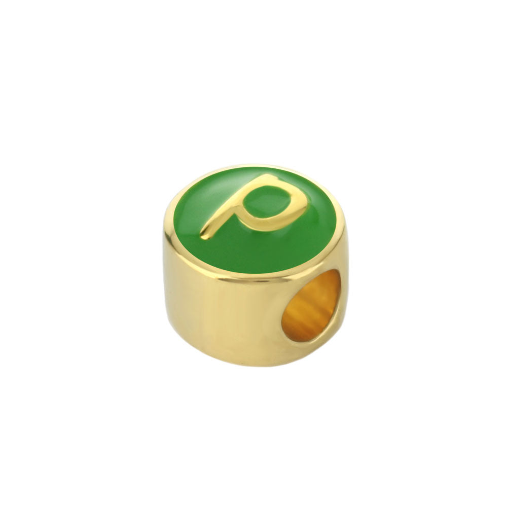 Gabriella Beads Initial charm bead gold with green enamel and raised P on Tampa Home & Garden Store