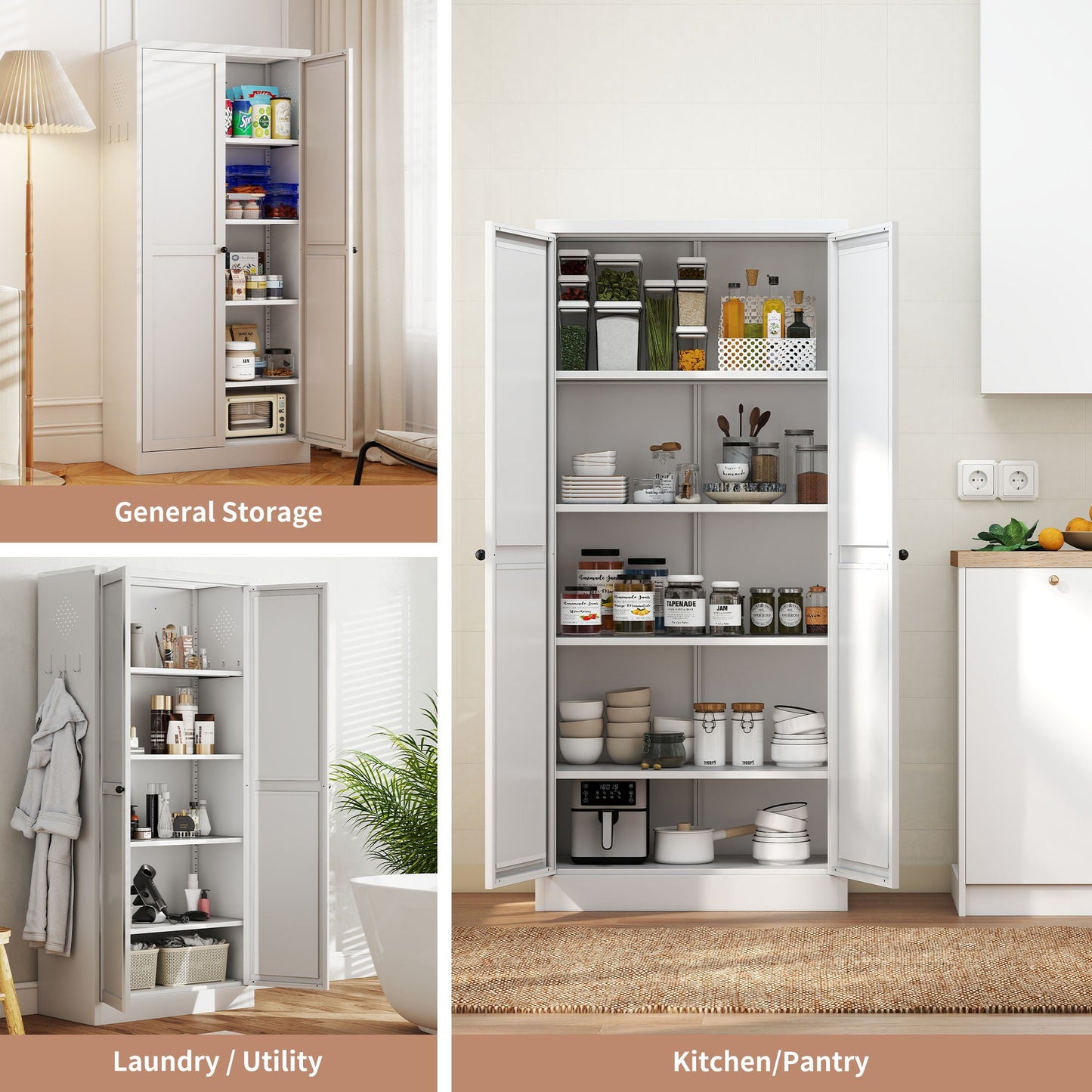 White Metal Pantry Cabinet With Steel Shelves