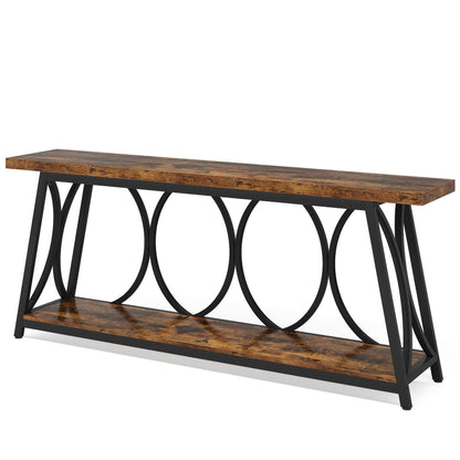Extra Long Brown Console Table with 2-Tier Shelves and Black Metal Legs HouseOfZazla on Tampa Home & Garden Store