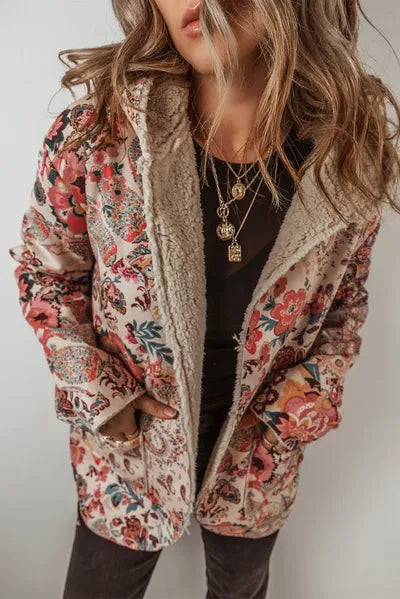 Vintage autumn floral print hooded jacket with plush sherpa lining, open-front outerwear on Tampa Home & Garden Store