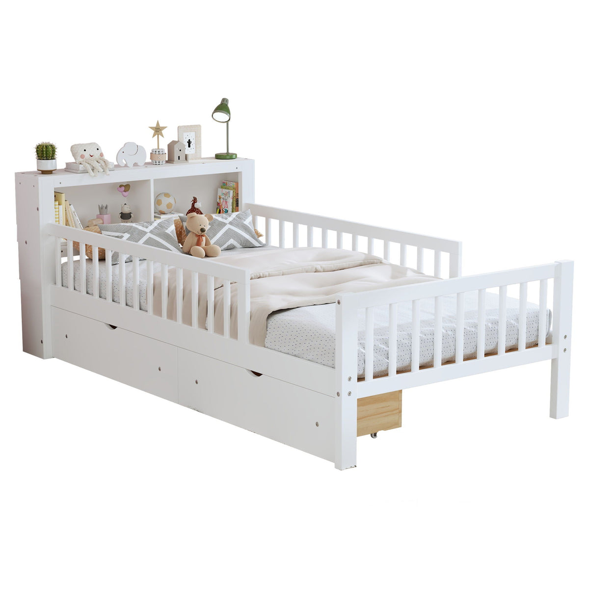 Bed With Headboard Storage Rack white bed with 2 under-bed drawers and 3 side guardrails on Tampa Home & Garden Store
