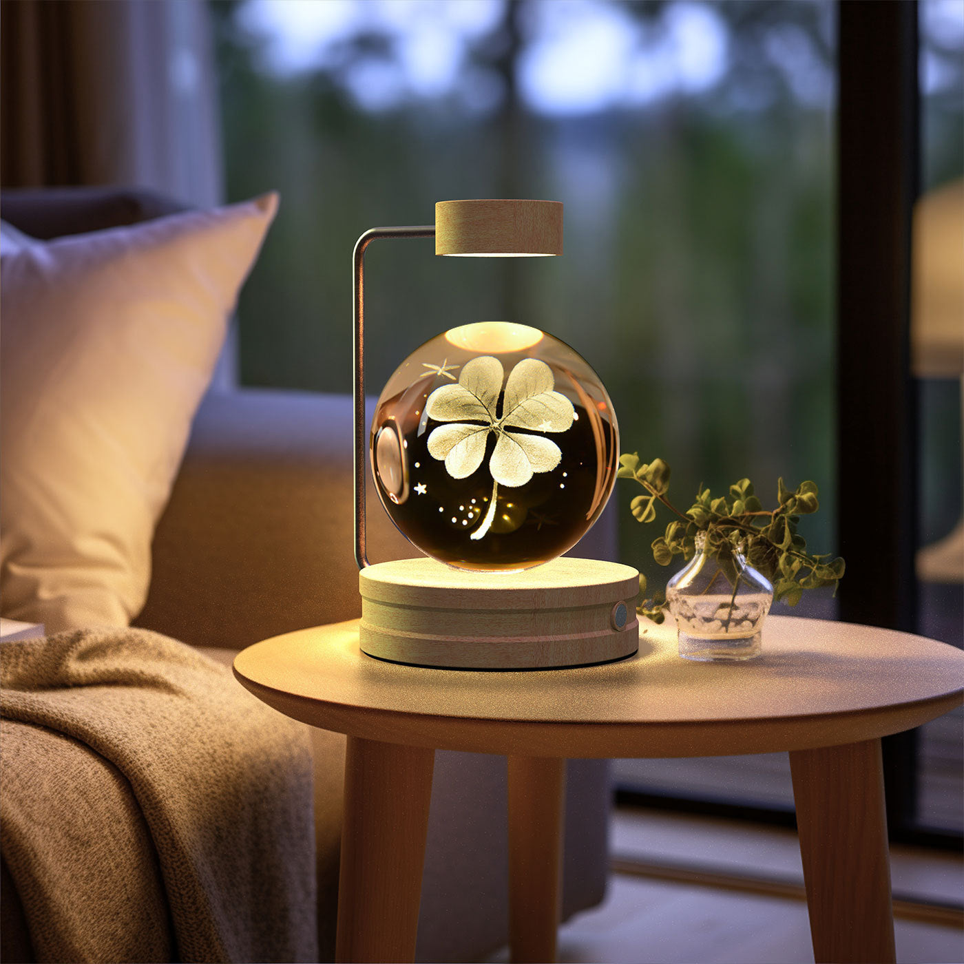 Crystal Ball Dinosaur Night Light with USB power, warm glow, glass orb with flower on wood base on Tampa Home & Garden Store