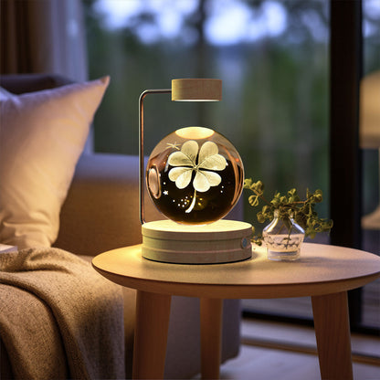 Crystal Ball Dinosaur Night Light with USB power, warm glow, glass orb with flower on wood base on Tampa Home & Garden Store