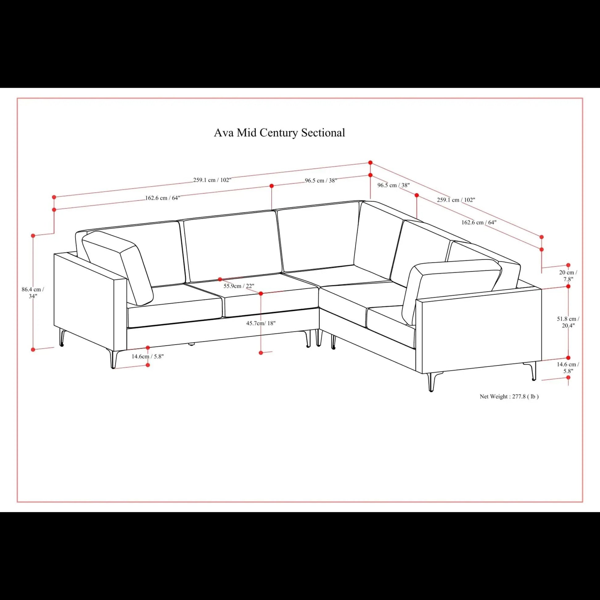 Ava Mid Century Corner Sectional Sofa blueprint with dimension marks, by Unique Piece Furniture on Tampa Home & Garden Store