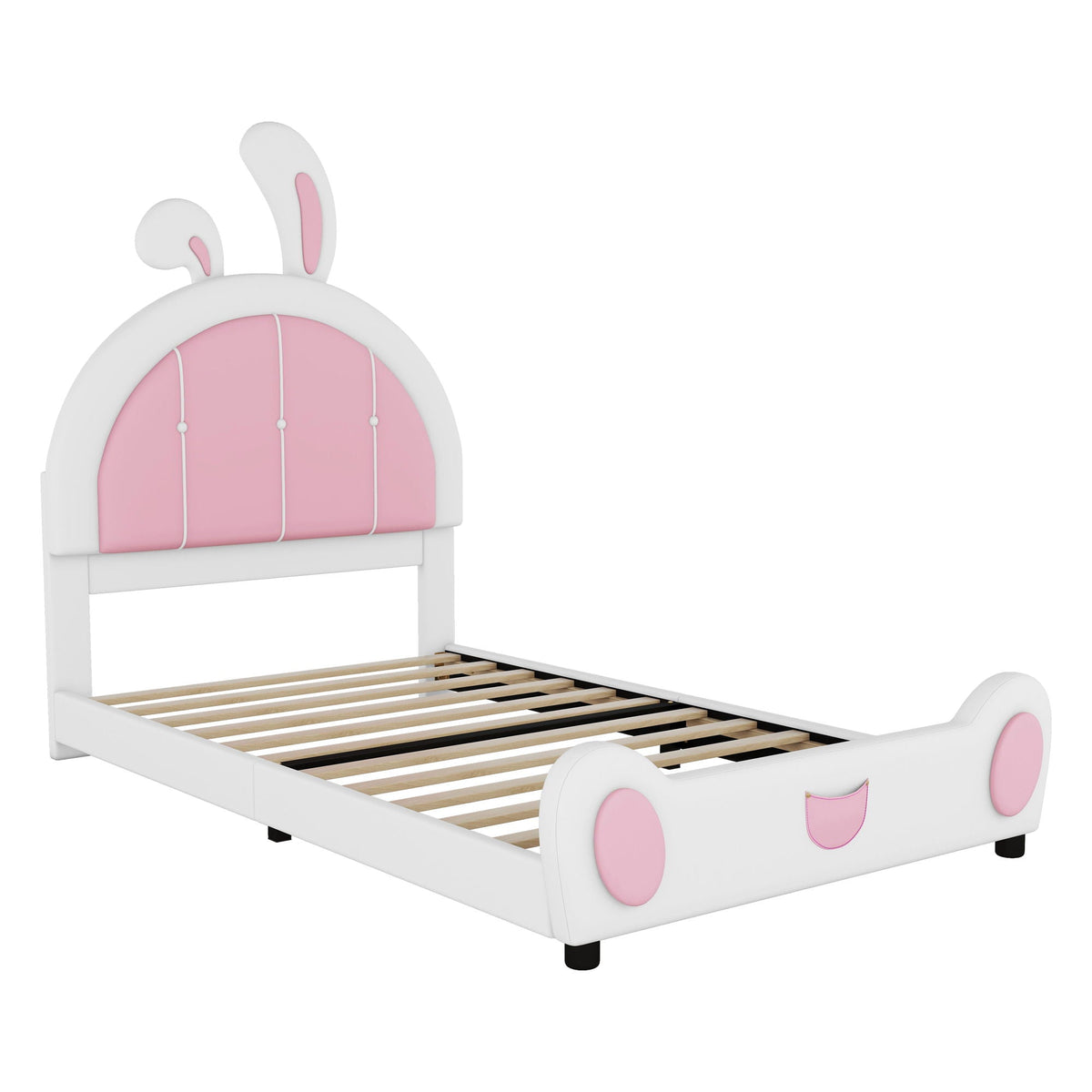 Upholstered platform bed with rabbit headboard, white frame and pink trim by HouseOfZazla on Tampa Home & Garden Store