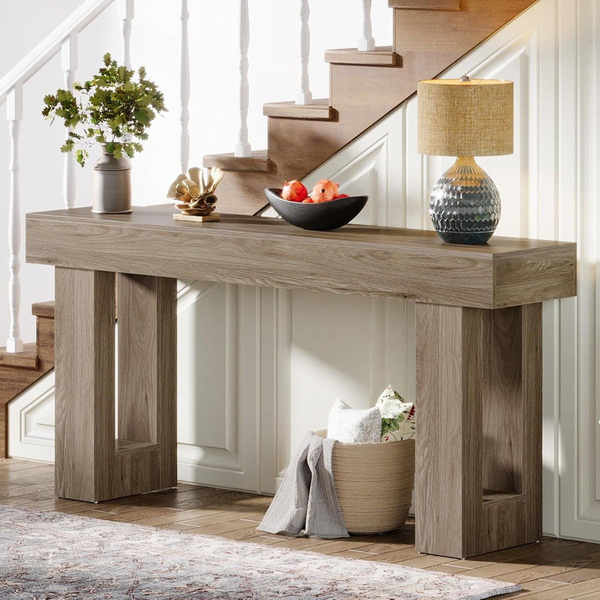 Extra long narrow console table with open shelf in brown wood finish, styled with lamp and vase on Tampa Home & Garden Store