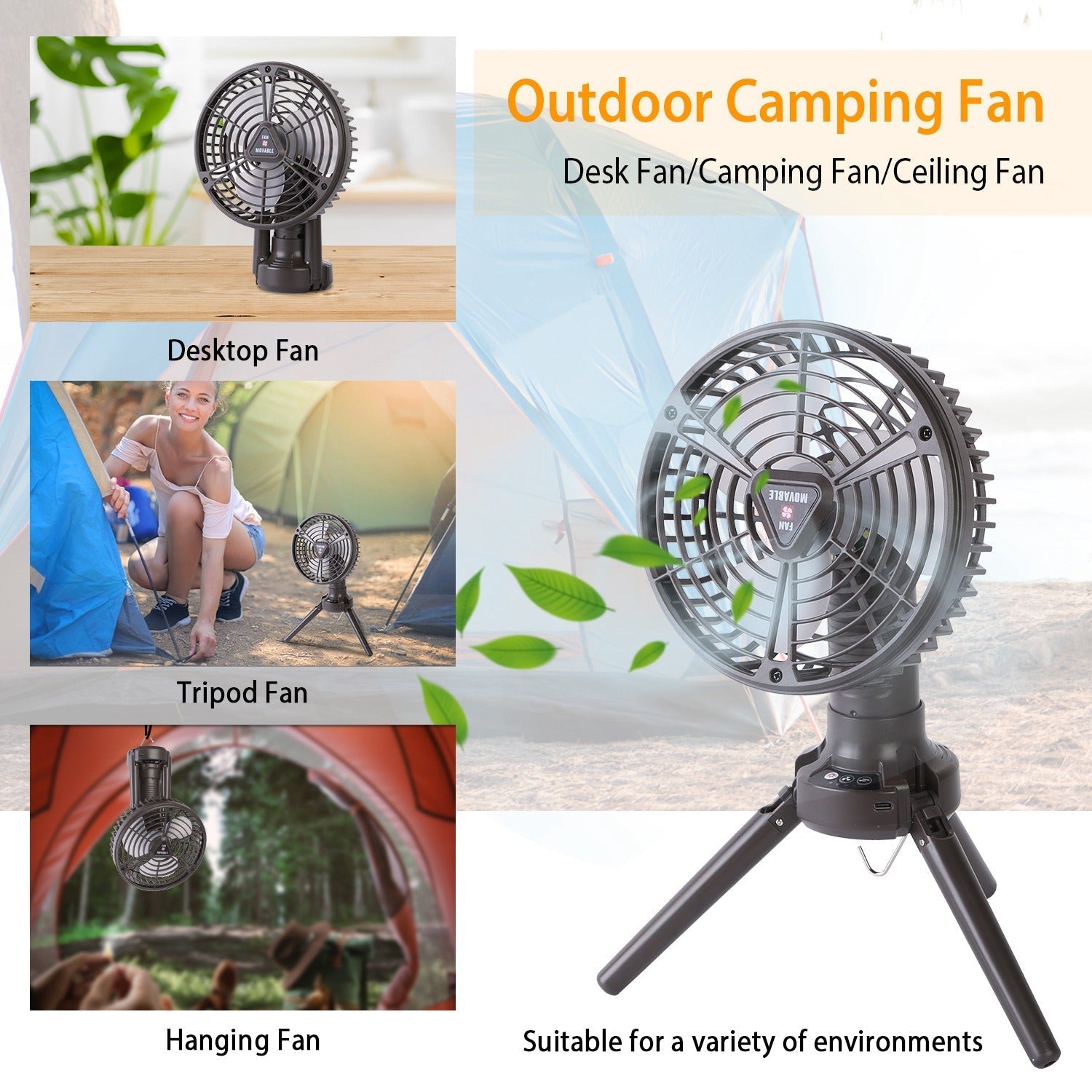 GemGear 10400mAh Portable Camping Fan with LED Light, rechargeable tripod fan on Tampa Home & Garden Store