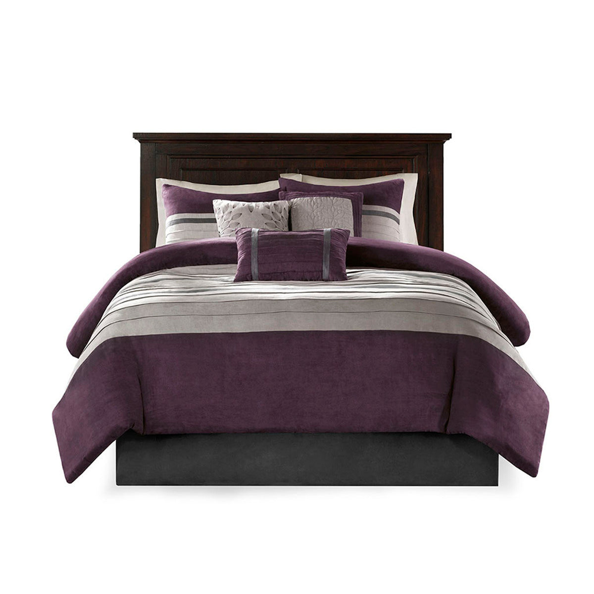 7PC Faux Suede Comforter Set Purple King HouseOfZazla on bed with purple gray-striped accents on Tampa Home & Garden Store