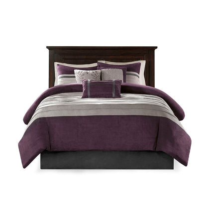 7PC Faux Suede Comforter Set Purple King HouseOfZazla on bed with purple gray-striped accents on Tampa Home & Garden Store