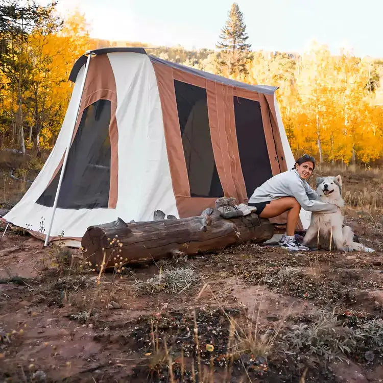 10'x10' Prota Canvas Tent; white canvas with brown panels and black mesh windows on Tampa Home & Garden Store