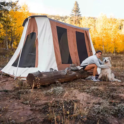 10'x10' Prota Canvas Tent; white canvas with brown panels and black mesh windows on Tampa Home & Garden Store