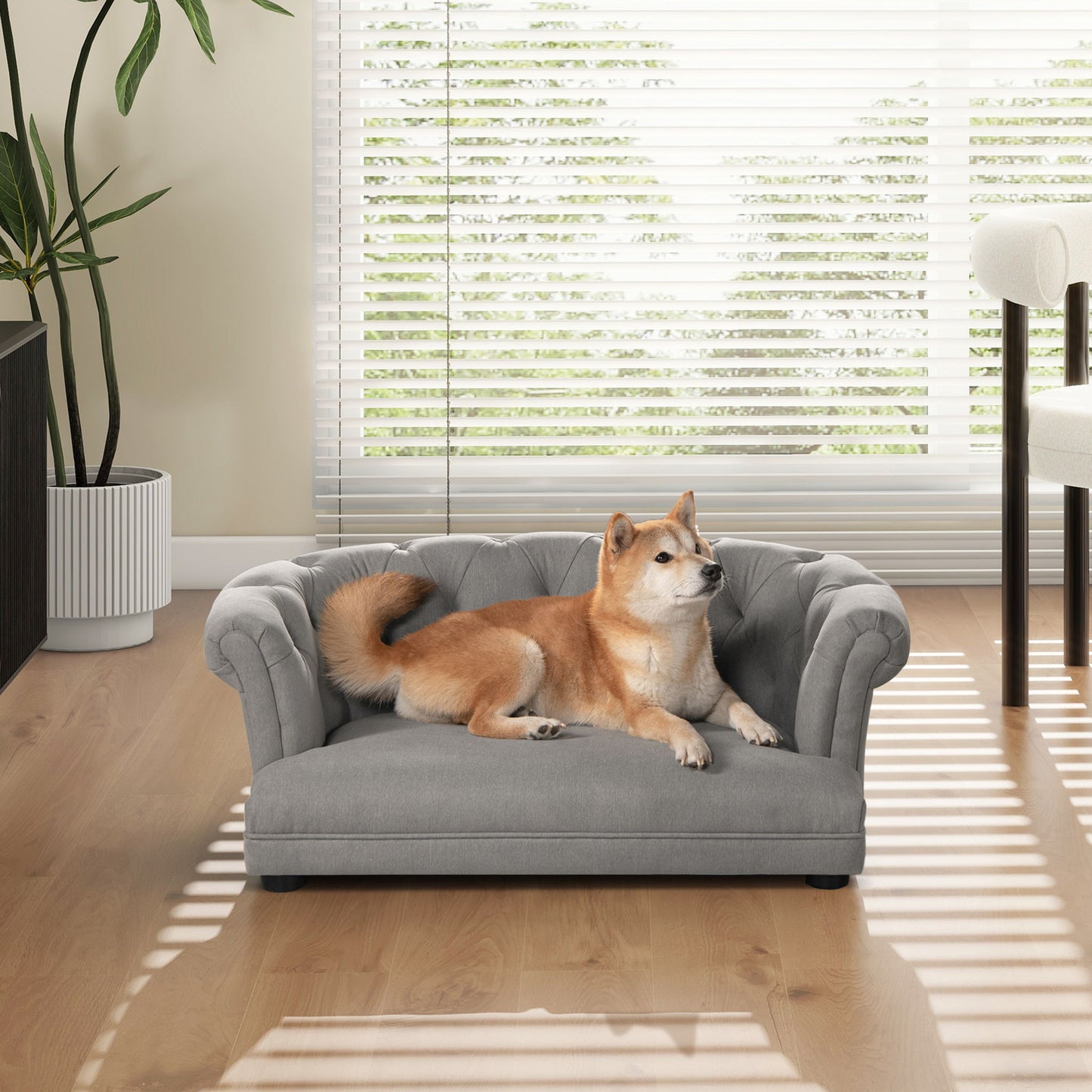 Kiki Chesterfield Dog Sofa Bed Medium with gray tufted upholstery by HouseOfZazla on Tampa Home & Garden Store