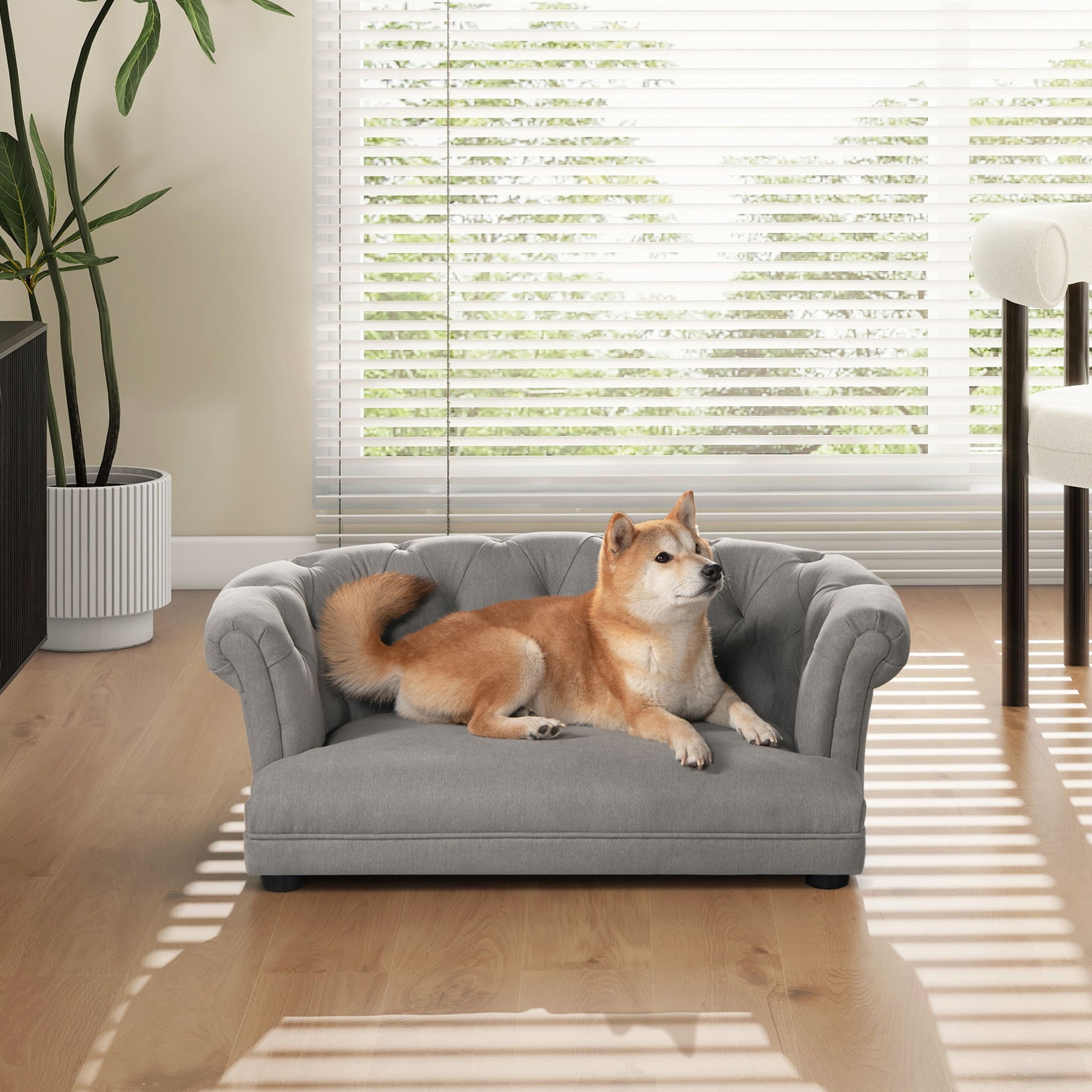 Kiki Chesterfield Dog Sofa Bed Medium with gray tufted upholstery by HouseOfZazla on Tampa Home & Garden Store
